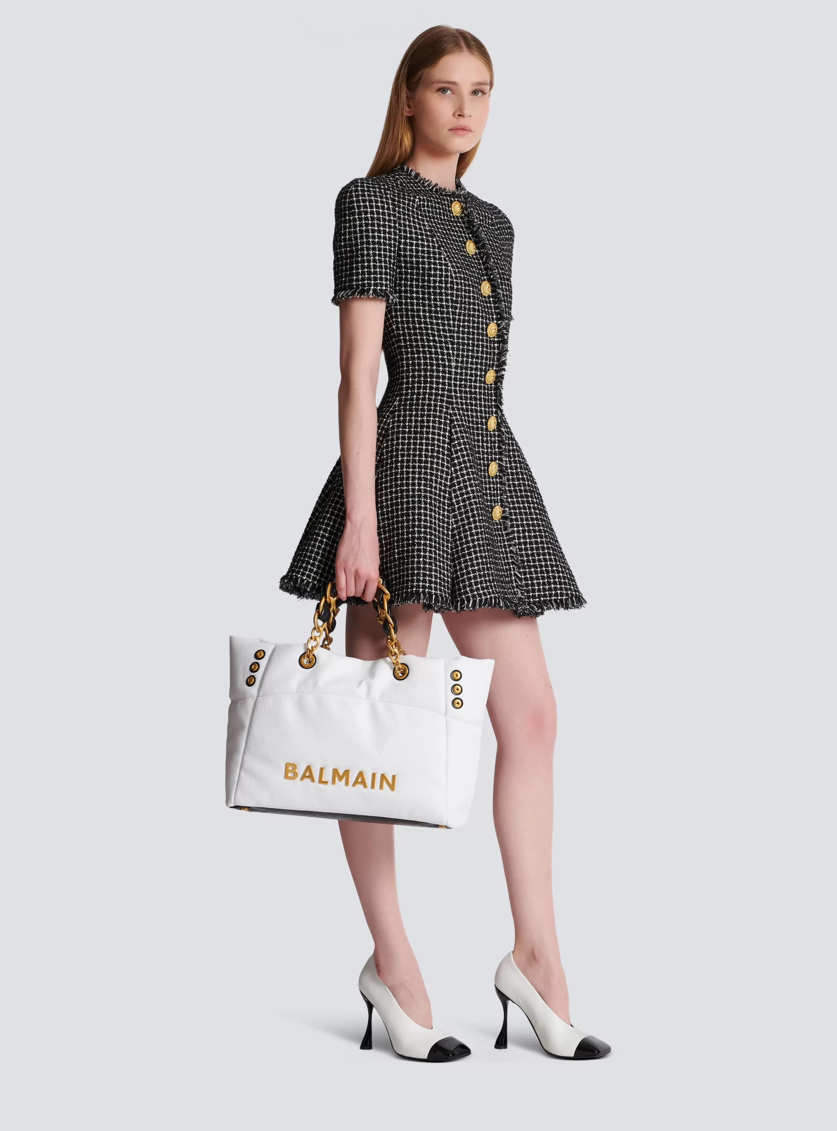 Balmain Shopper | Borse A Spalla-1945 Soft Tote Bag In Embossed Calfskin With A Grid Motif white