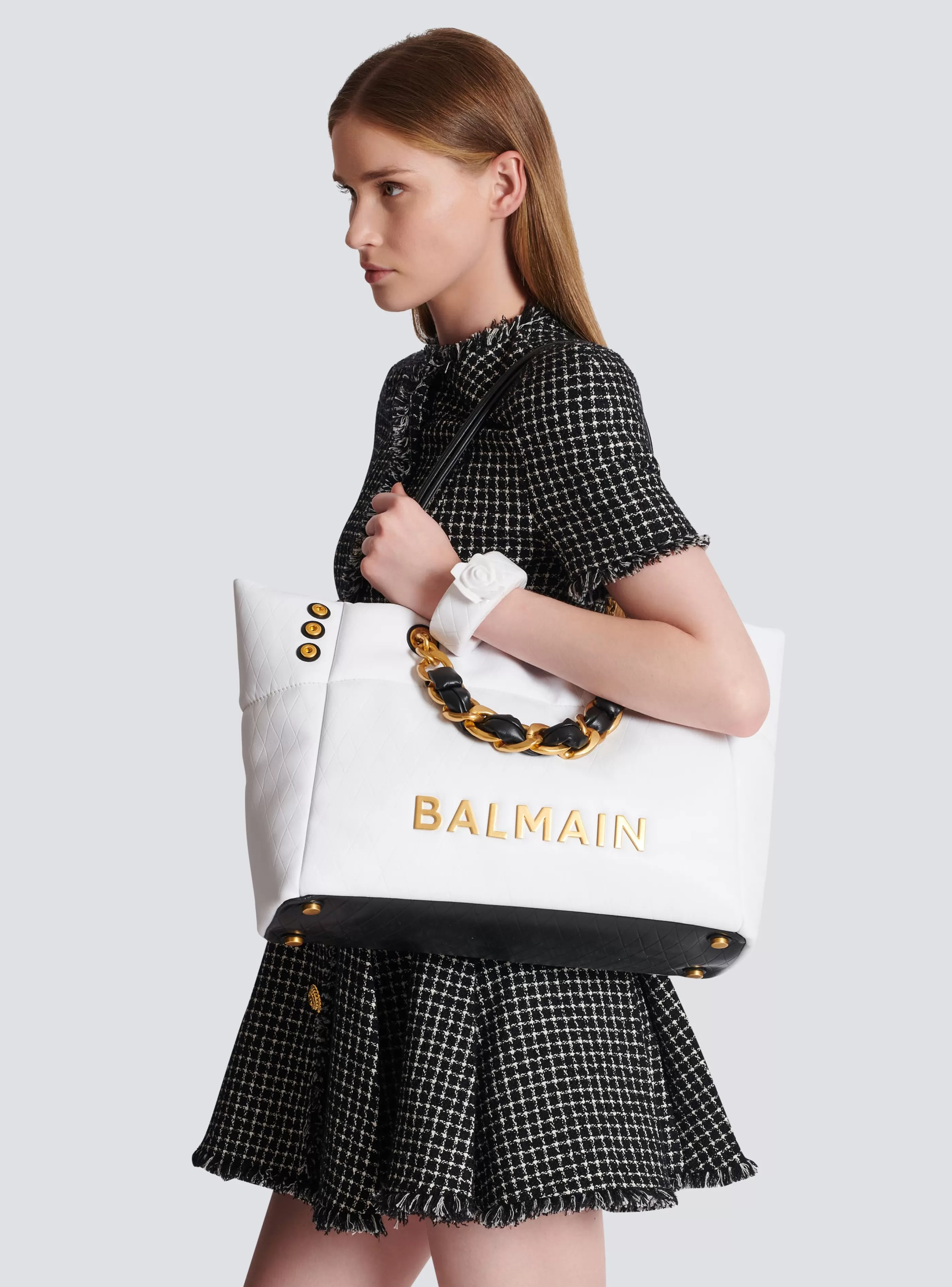 Balmain Shopper | Borse A Spalla-1945 Soft Tote Bag In Embossed Calfskin With A Grid Motif white