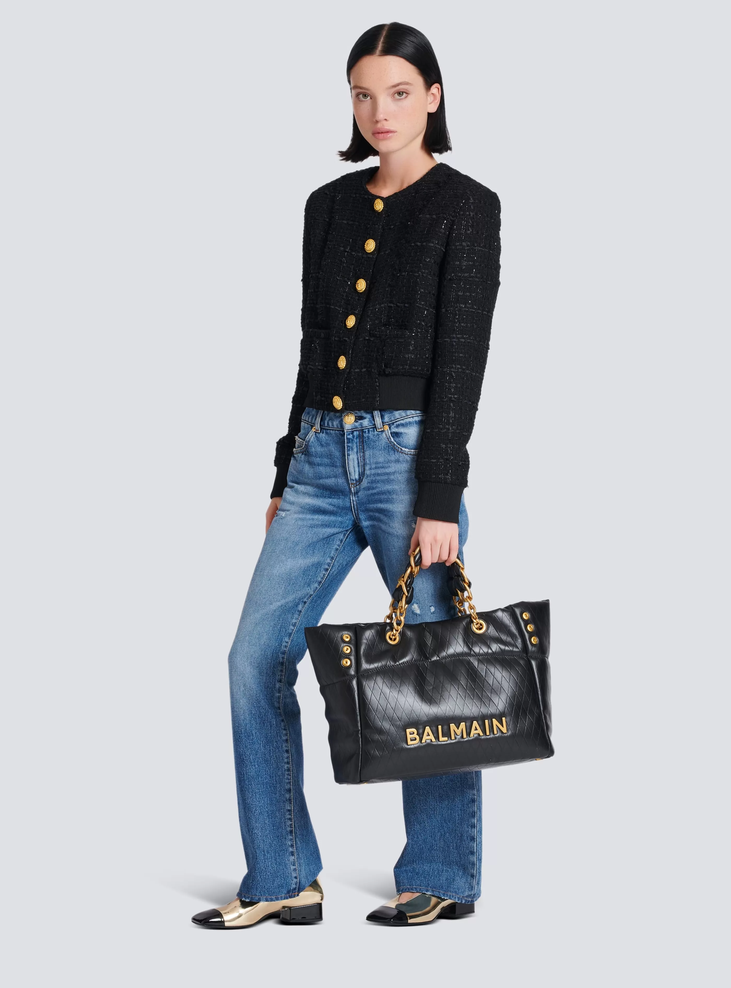 Balmain Shopper | Borse A Spalla-1945 Soft Tote Bag In Embossed Calfskin With A Grid Motif black