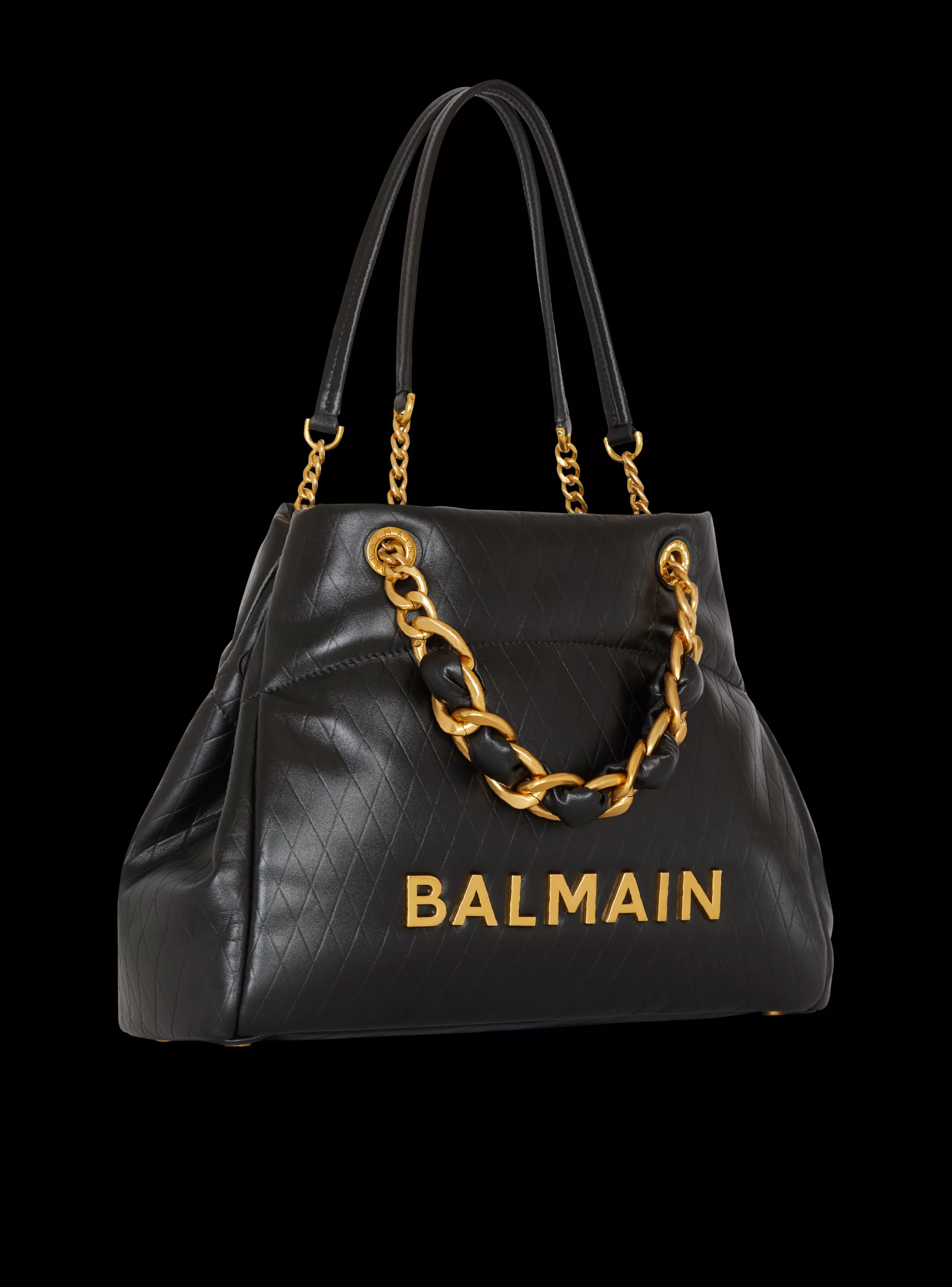 Balmain Shopper | Borse A Spalla-1945 Soft Tote Bag In Embossed Calfskin With A Grid Motif black