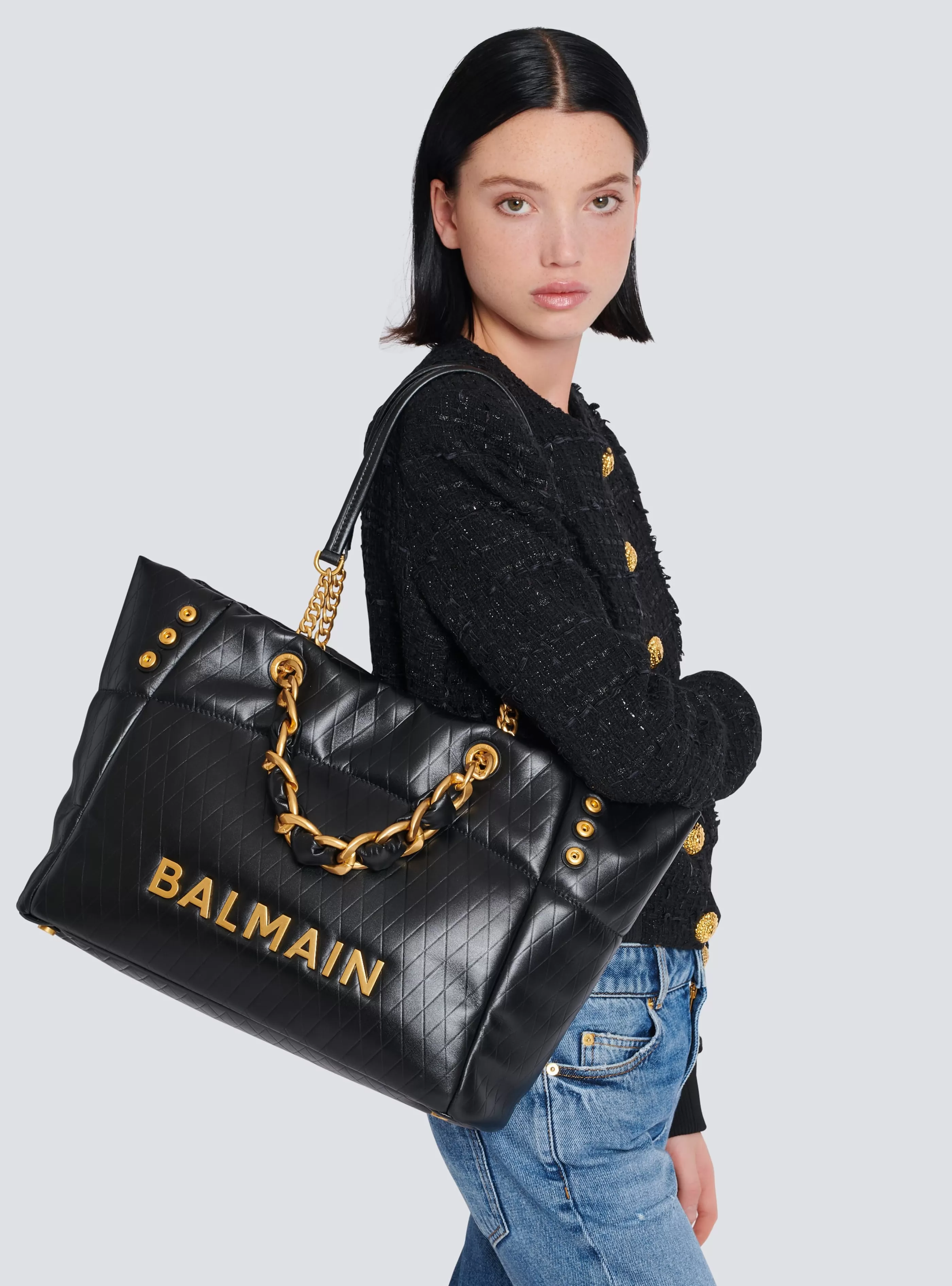 Balmain Shopper | Borse A Spalla-1945 Soft Tote Bag In Embossed Calfskin With A Grid Motif black