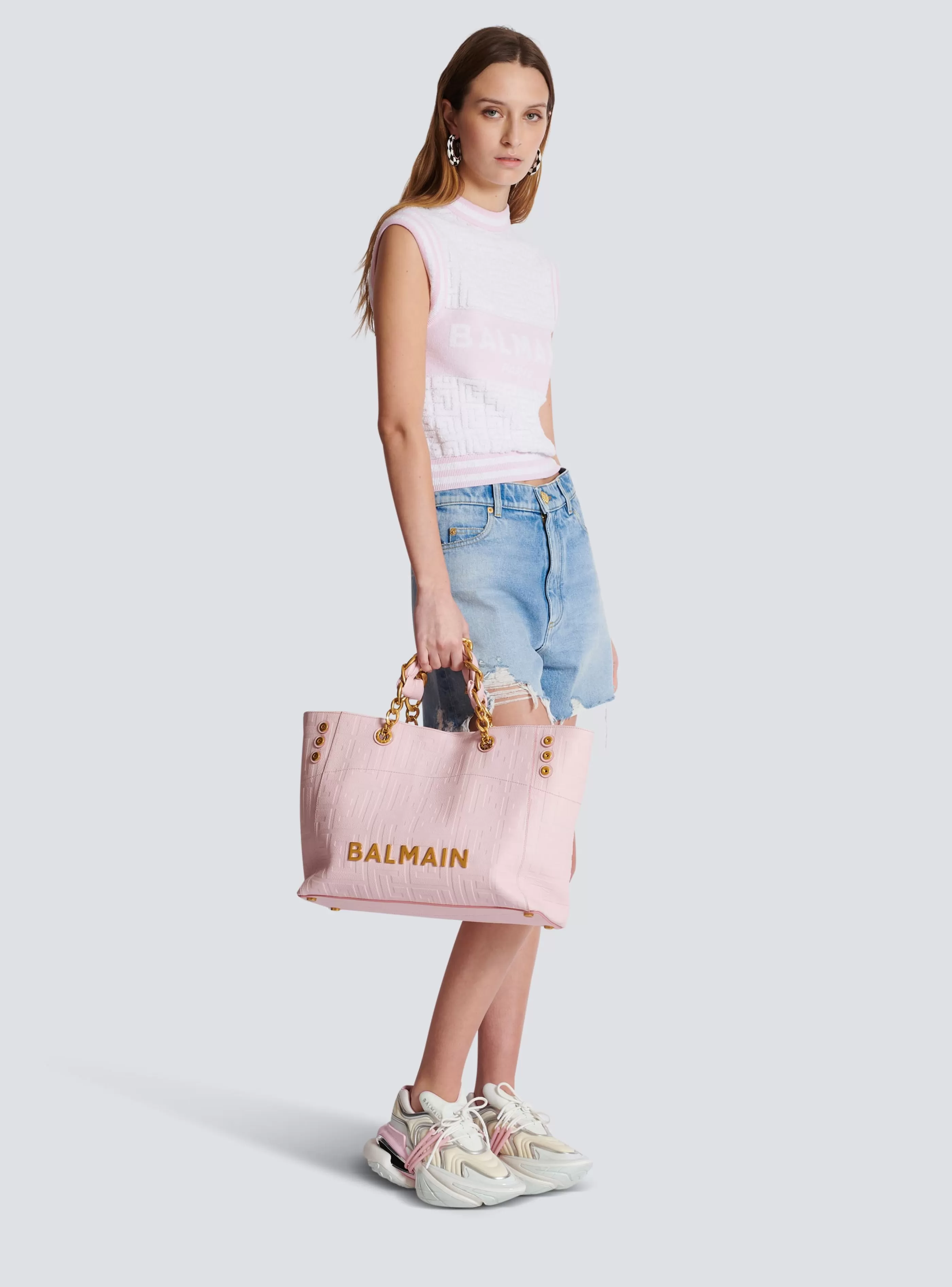 Balmain Shopper | Borse A Spalla-1945 Soft Tote Bag In Embossed Grained Calfskin With A PB Labyrinth Monogram pink