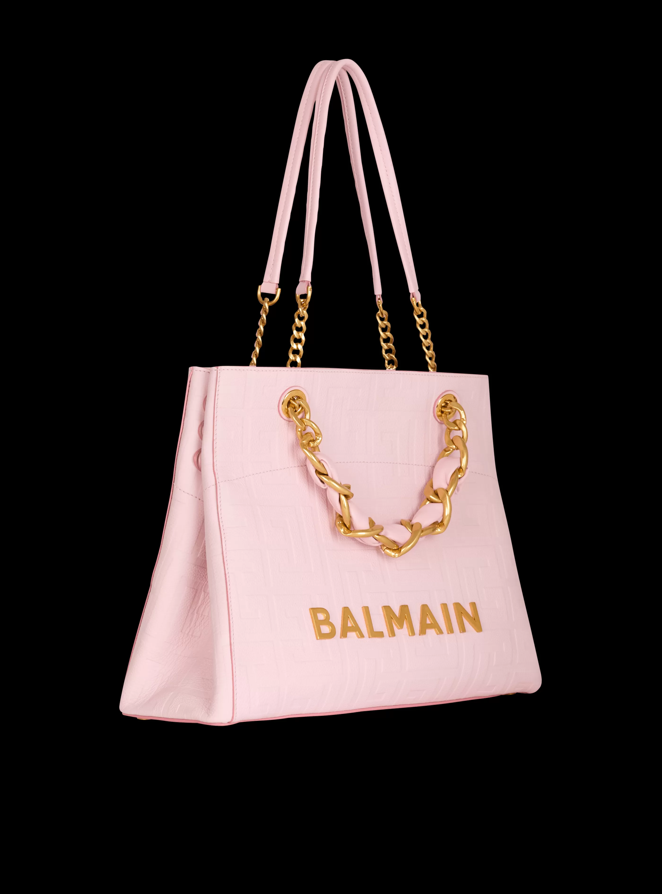 Balmain Shopper | Borse A Spalla-1945 Soft Tote Bag In Embossed Grained Calfskin With A PB Labyrinth Monogram pink