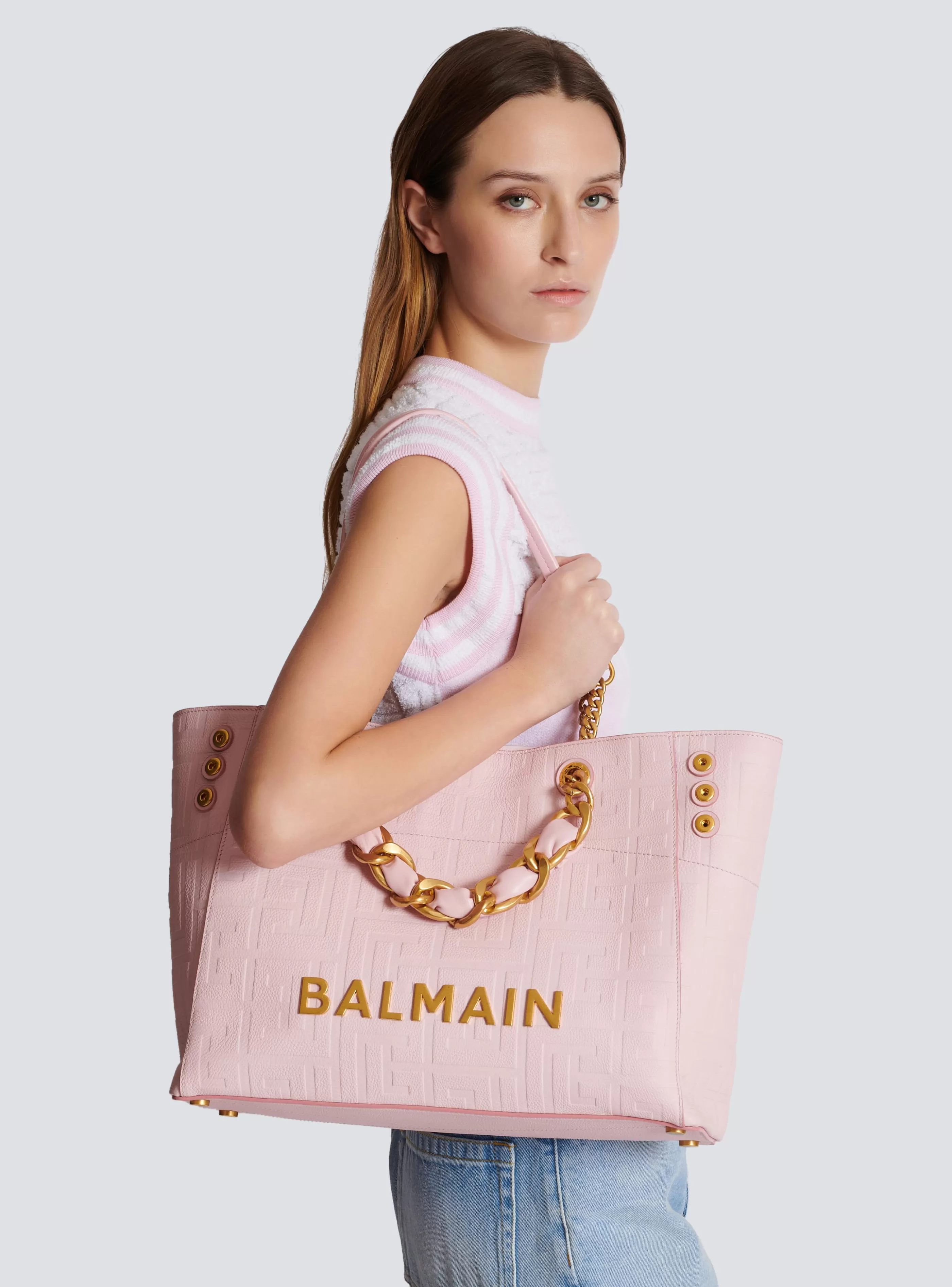 Balmain Shopper | Borse A Spalla-1945 Soft Tote Bag In Embossed Grained Calfskin With A PB Labyrinth Monogram pink