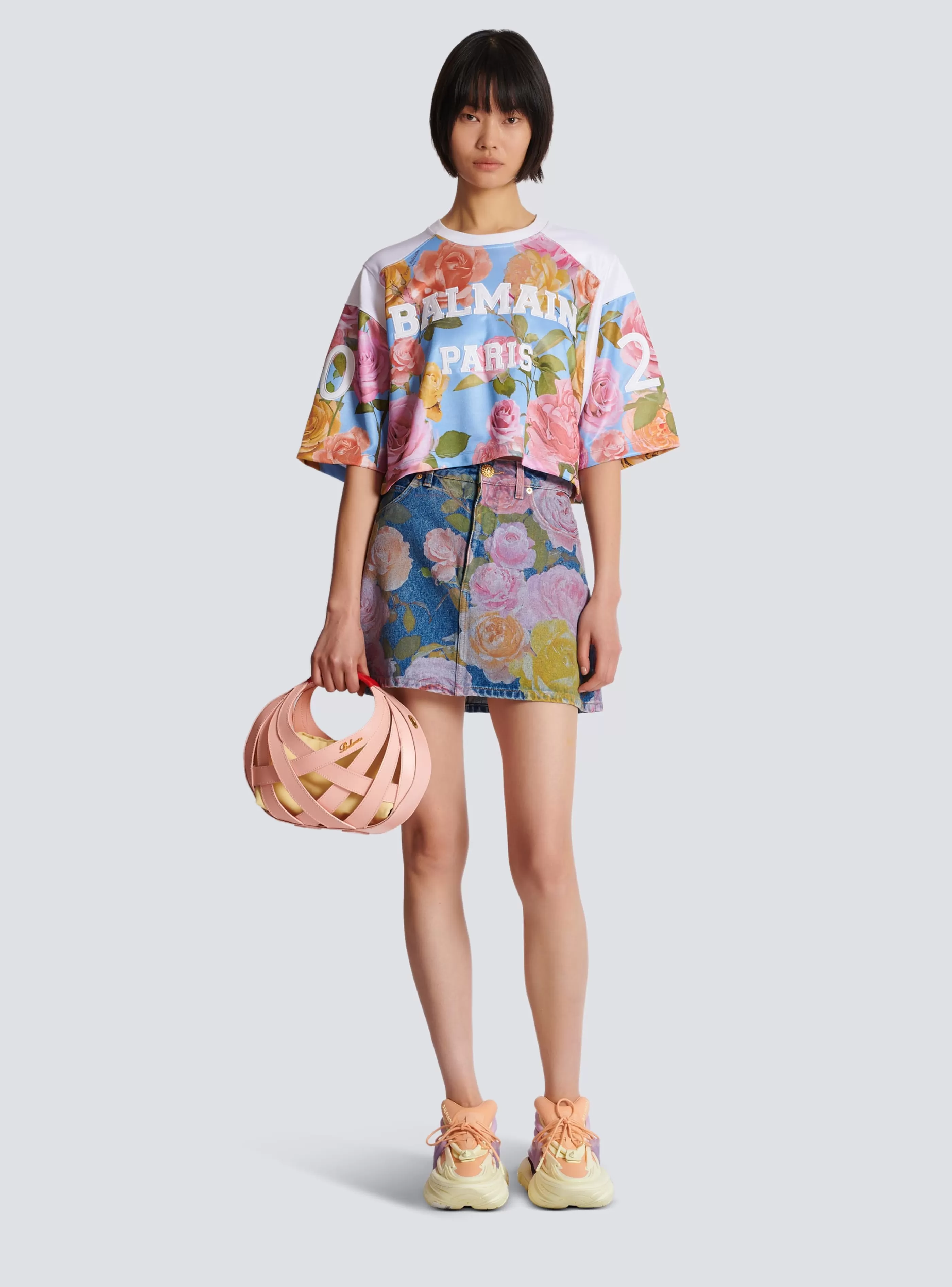 Balmain T-Shirt- Baseball T-shirt With Pastel Roses Print multicolor