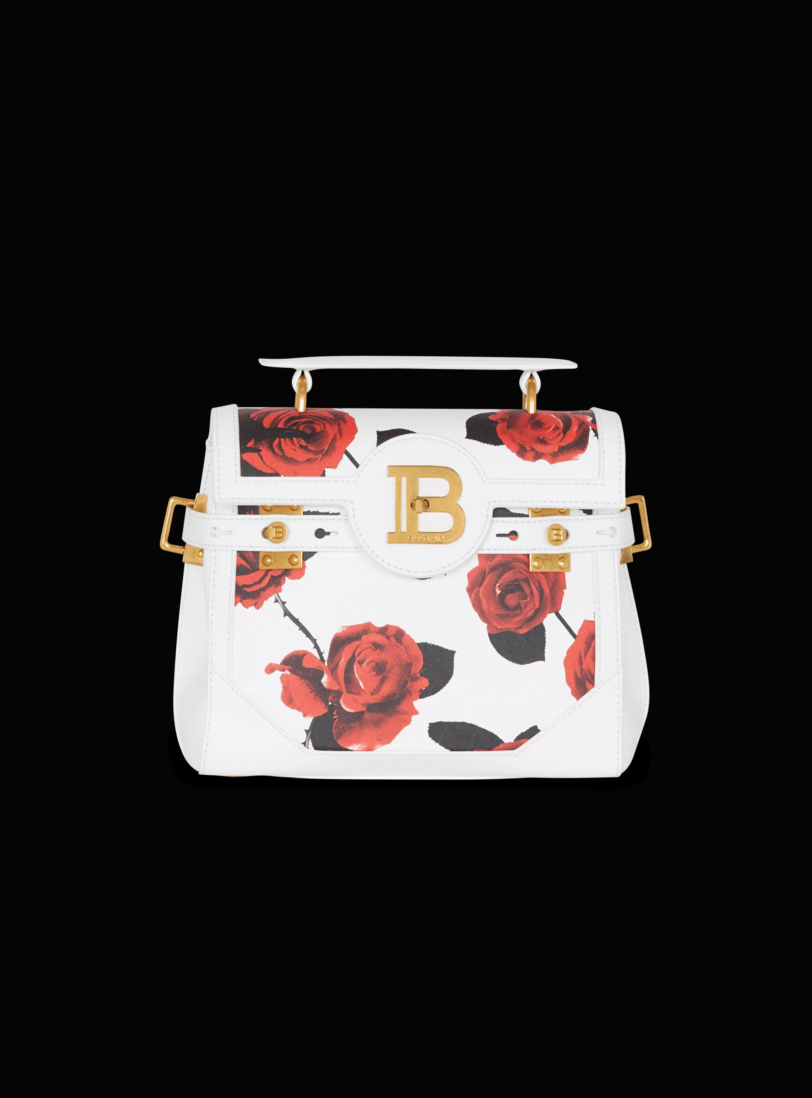 Balmain Borse A Spalla | Borse A Tracolla-B-Buzz 23 Calfskin Bag With A Roses Print And Embossed Grid Motif red