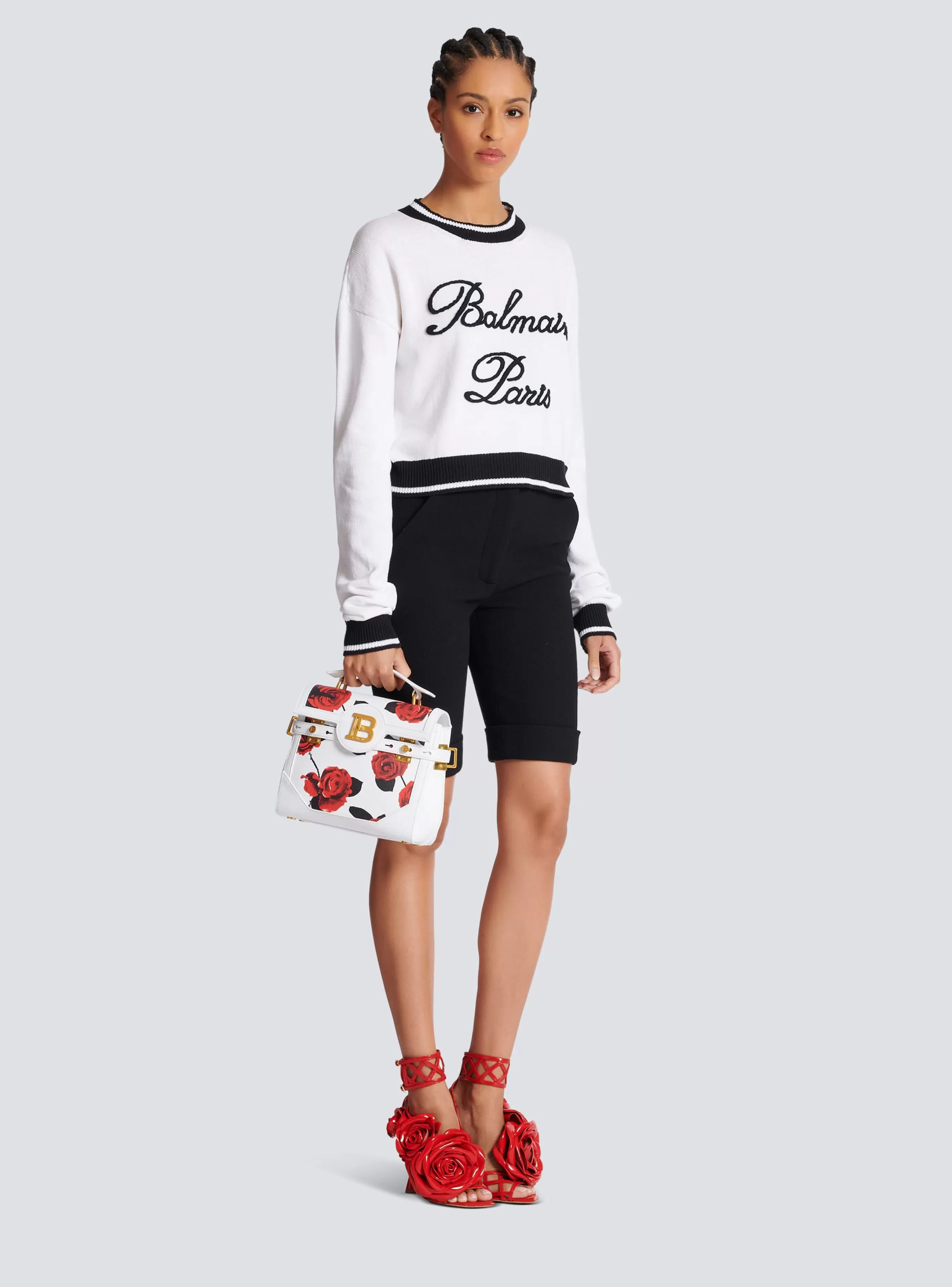 Balmain Borse A Spalla | Borse A Tracolla-B-Buzz 23 Calfskin Bag With A Roses Print And Embossed Grid Motif red