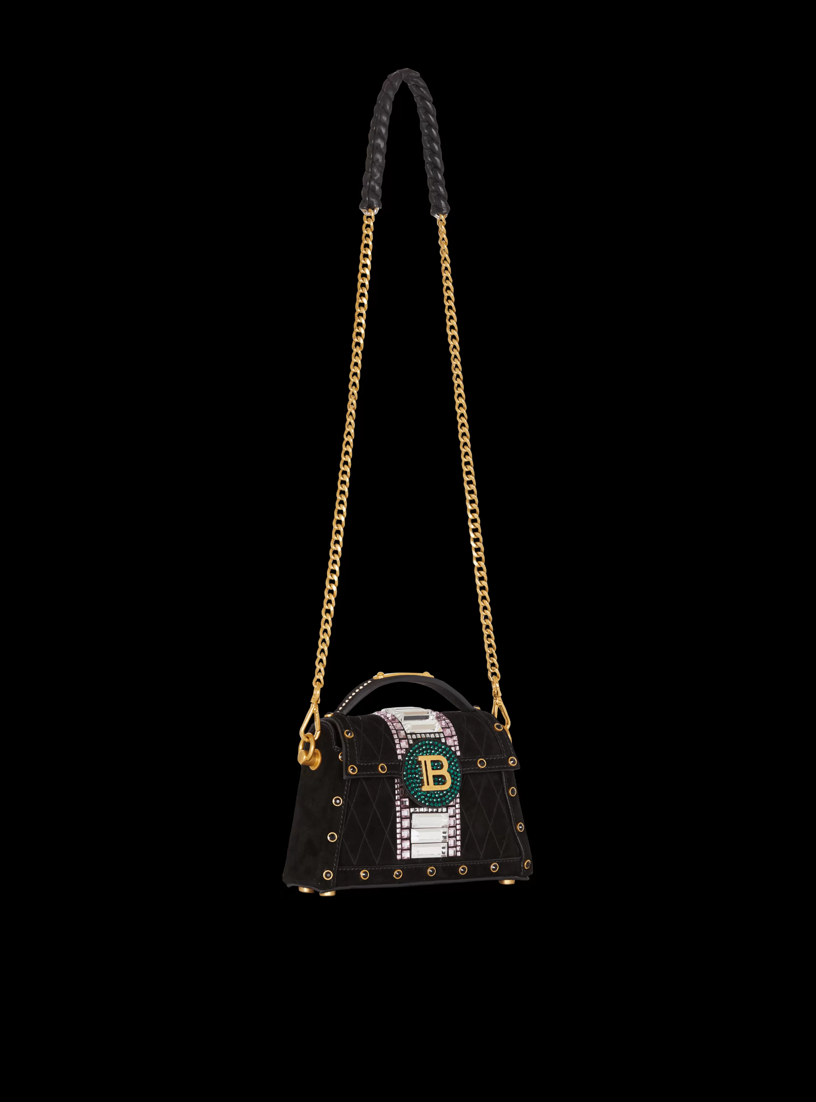 Balmain Borse A Spalla | Borse A Tracolla-B-Buzz Dynasty Small Suede Bag With Embossed Grid Motif And Embroidery black