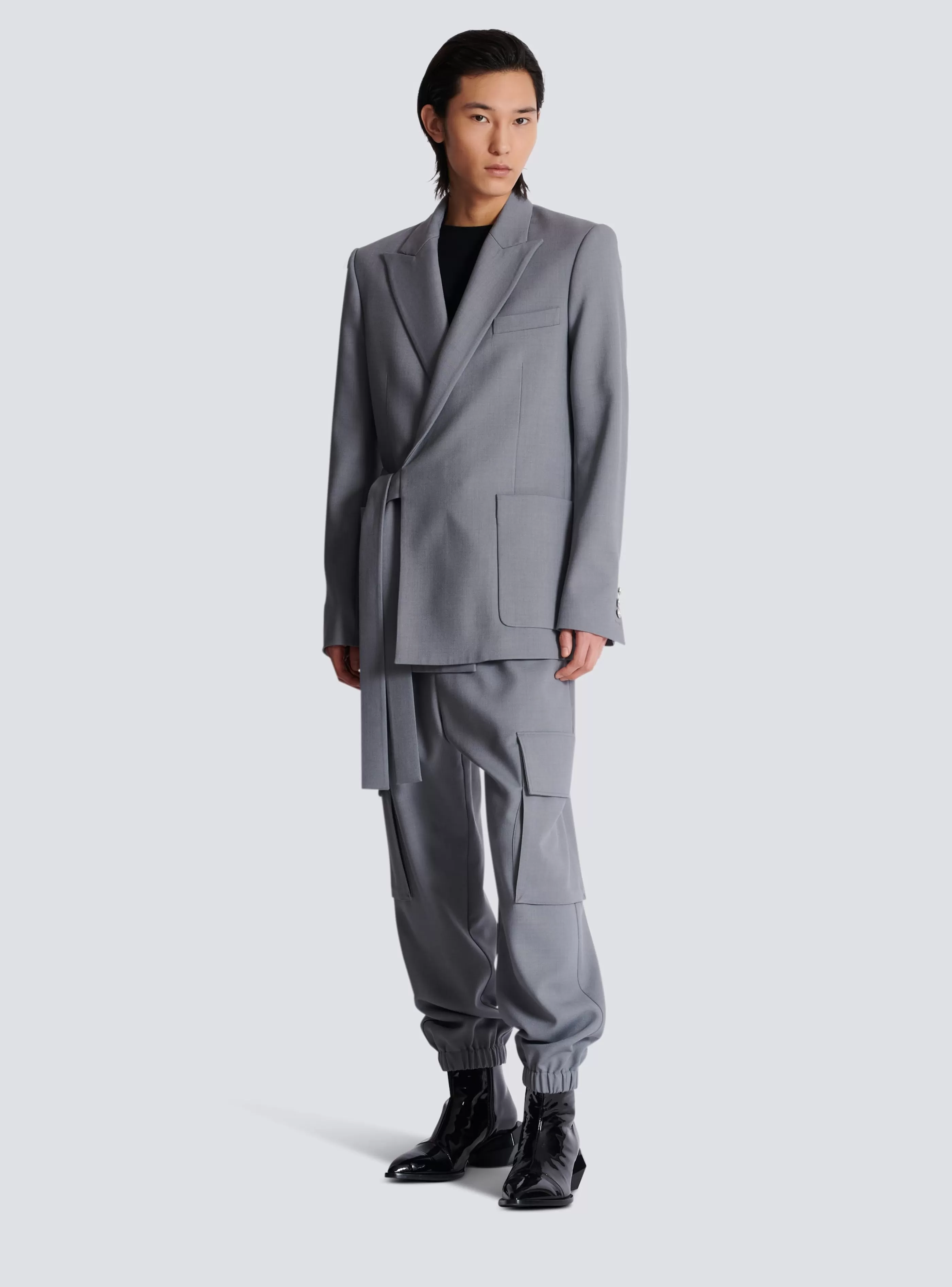 Balmain Giacche E Blazers-Belted Asymmetrical Jacket In Double Crepe grey