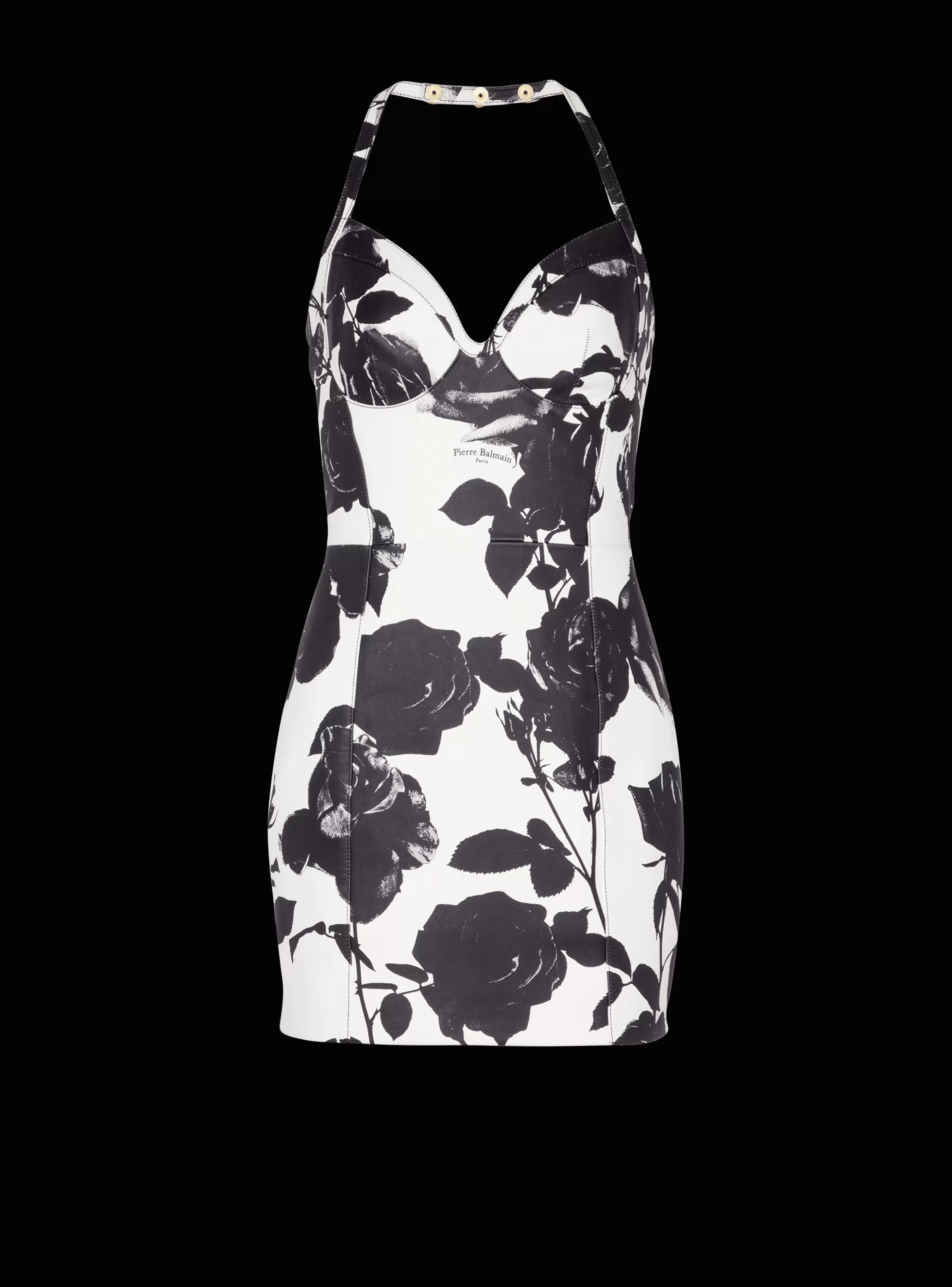 Balmain Abiti-Black And Roses Leather Halterneck Dress white