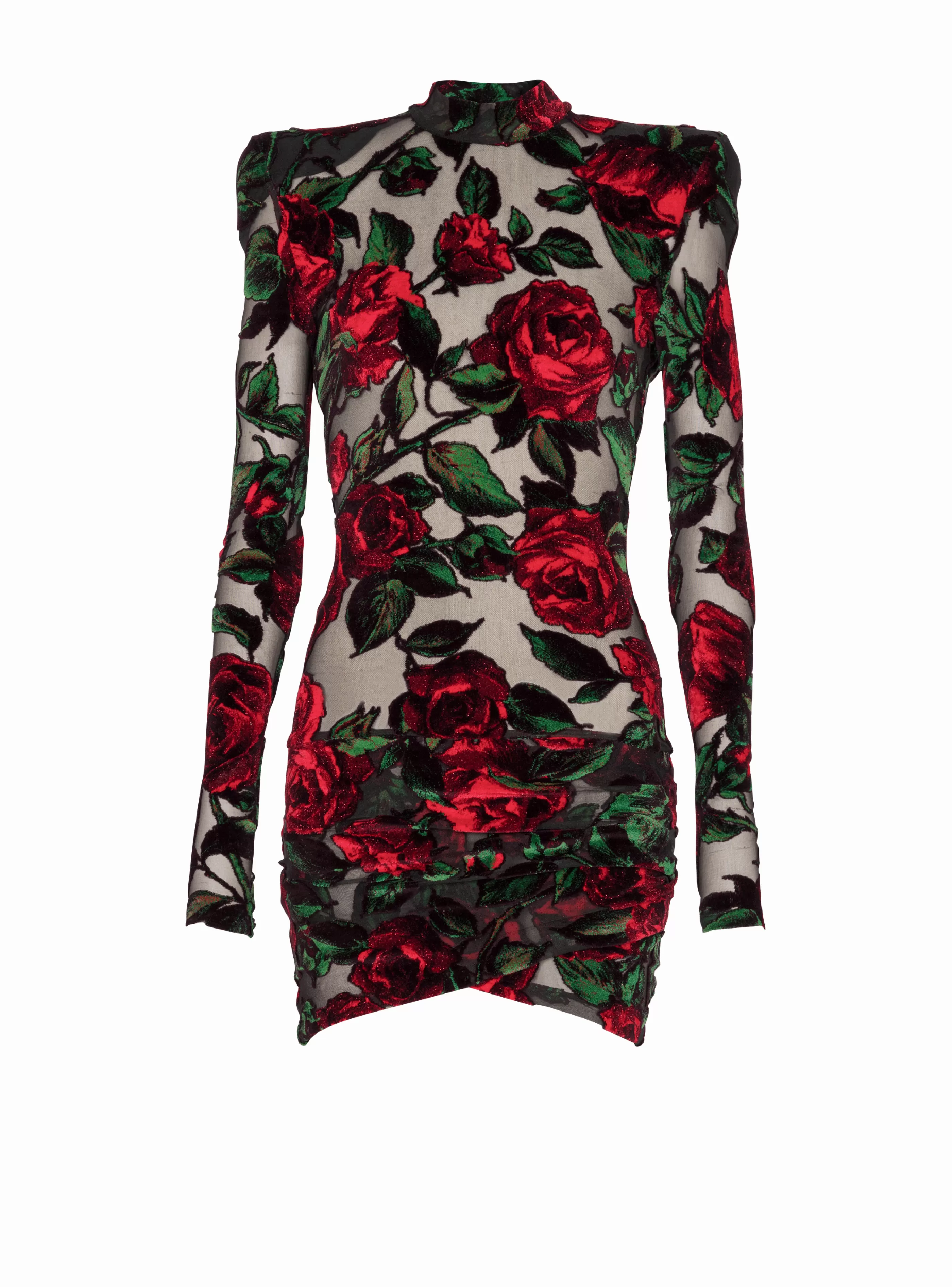 Balmain Abiti-Burnout Velvet Dress With Rose Print red