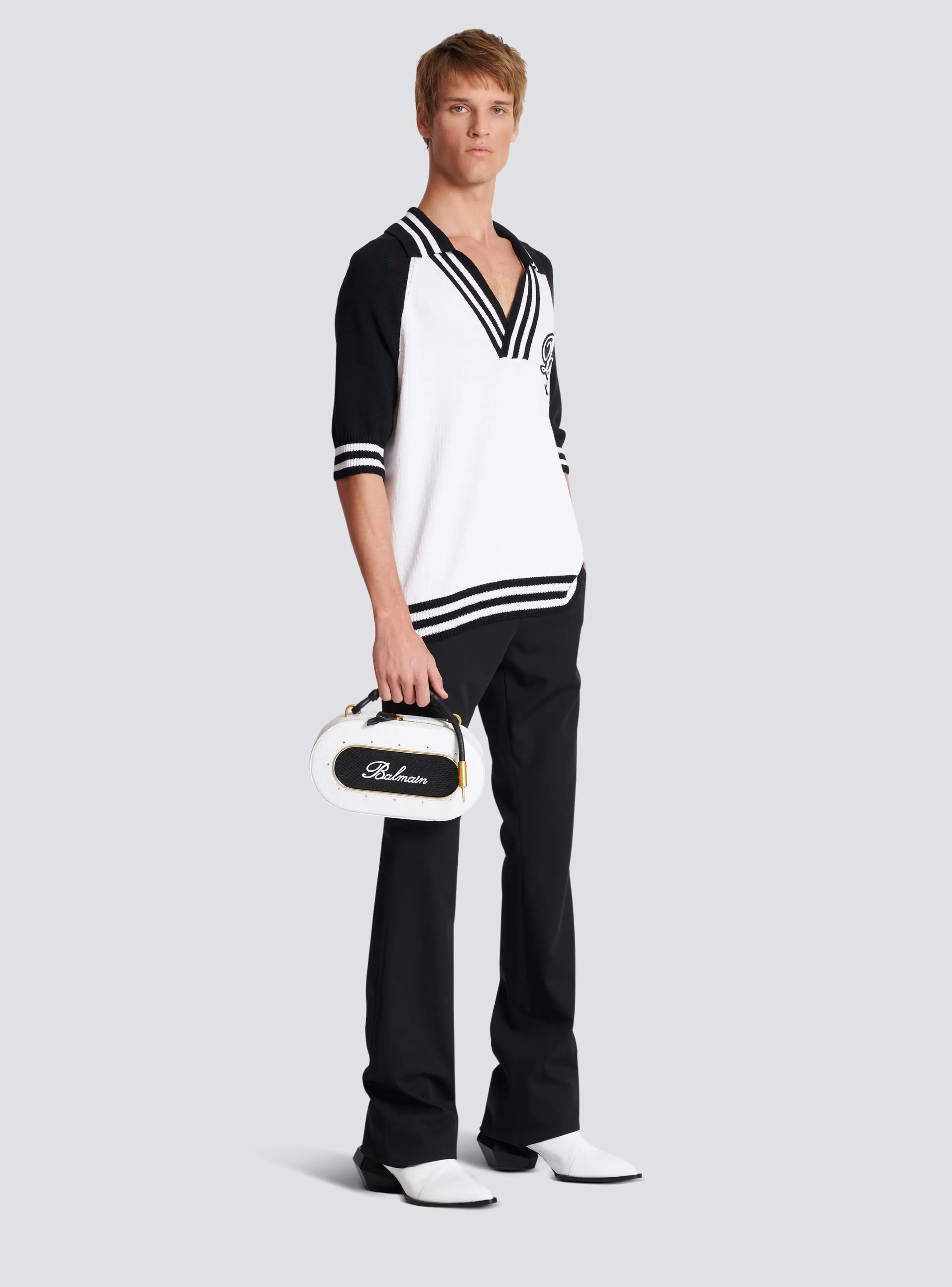 Balmain Borse A Tracolla-Calfskin Radio Bag With Signature And Embossed Grid Motif white