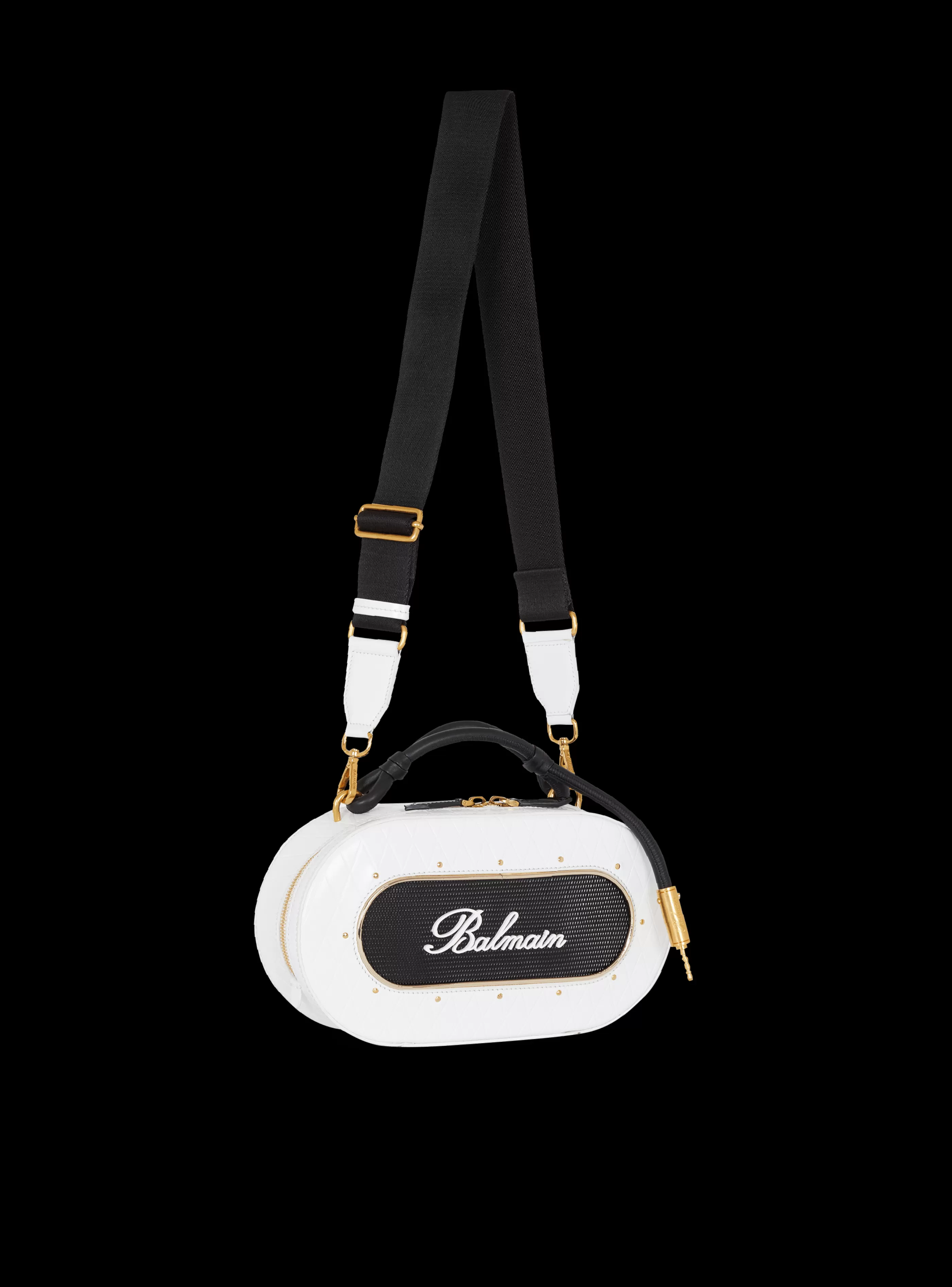 Balmain Borse A Tracolla-Calfskin Radio Bag With Signature And Embossed Grid Motif white