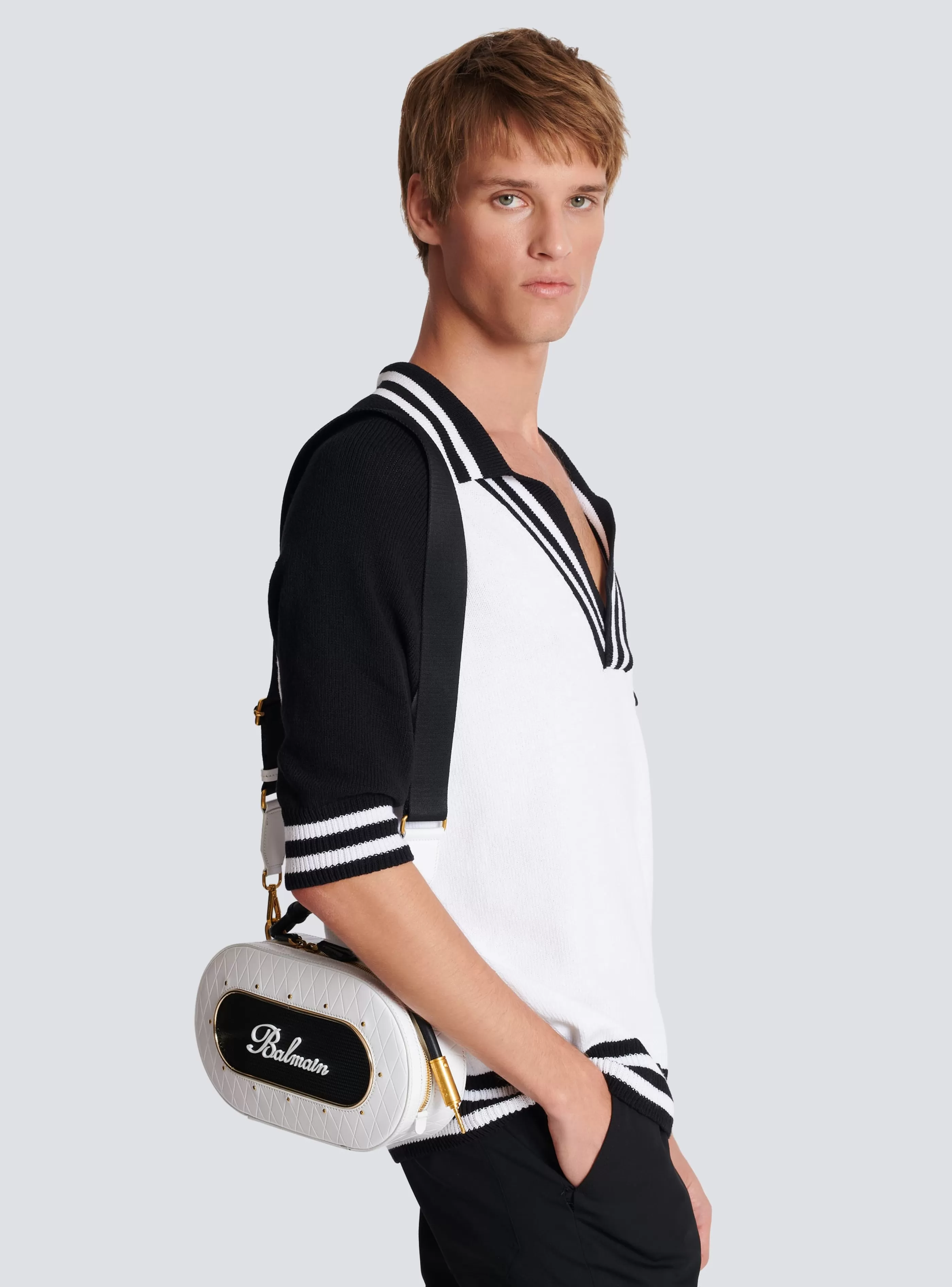 Balmain Borse A Tracolla-Calfskin Radio Bag With Signature And Embossed Grid Motif white