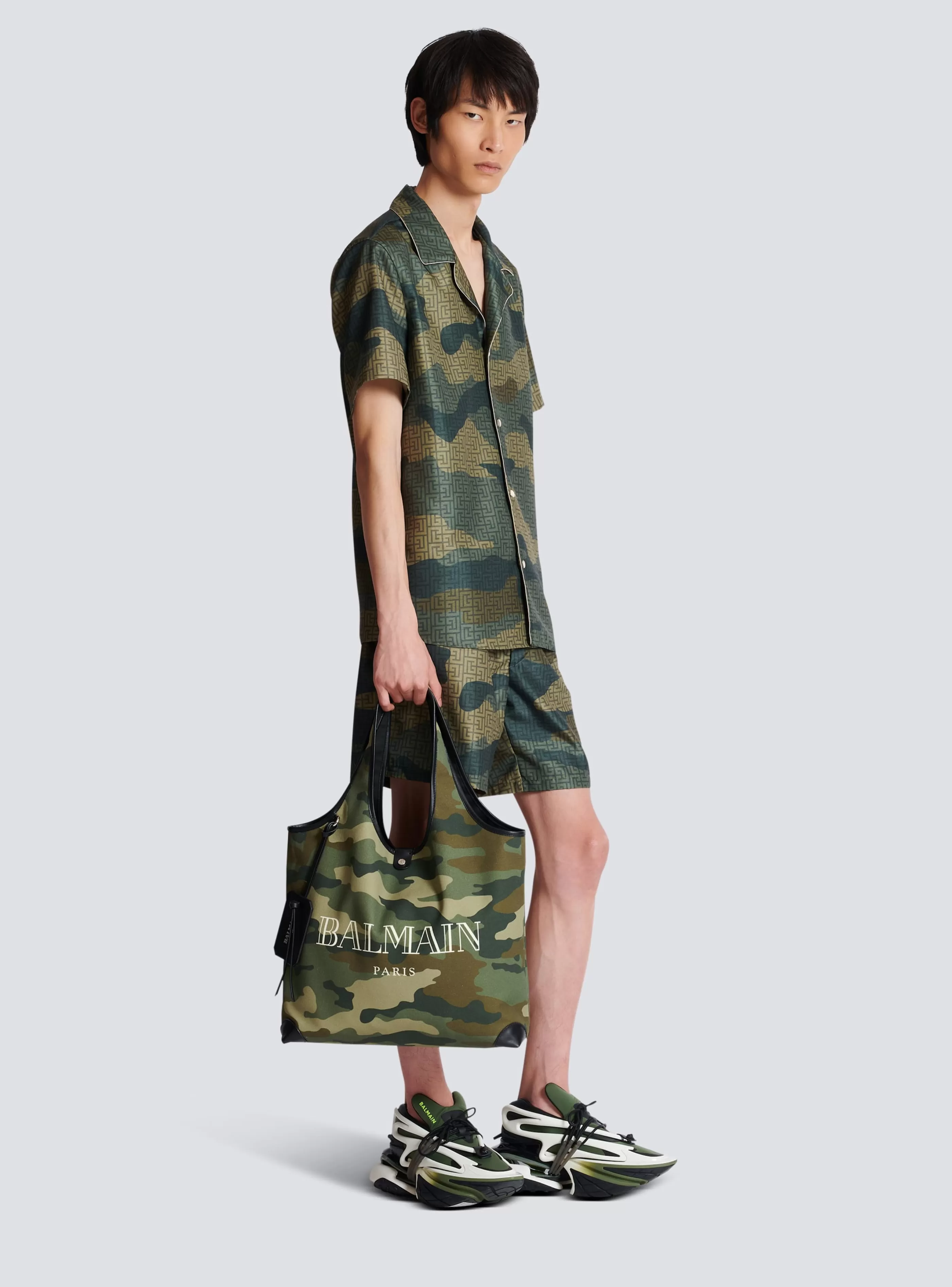 Balmain Borse E Zaini-Camouflage Canvas B-Army Grocery Bag With Vintage Logo khaki