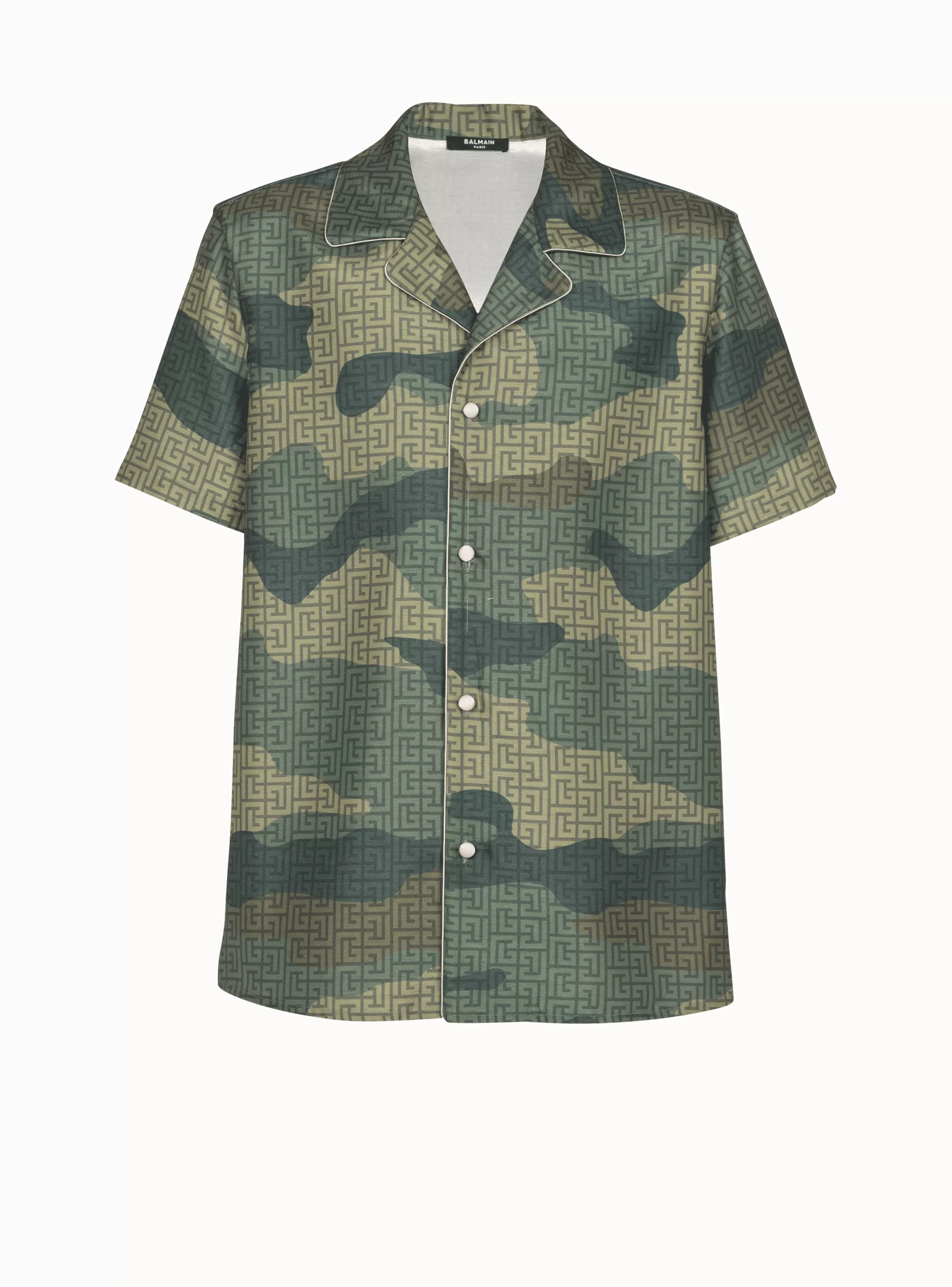 Balmain Camicie E Polo-Camouflage Monogrammed Shantung Short-sleeved Shirt khaki