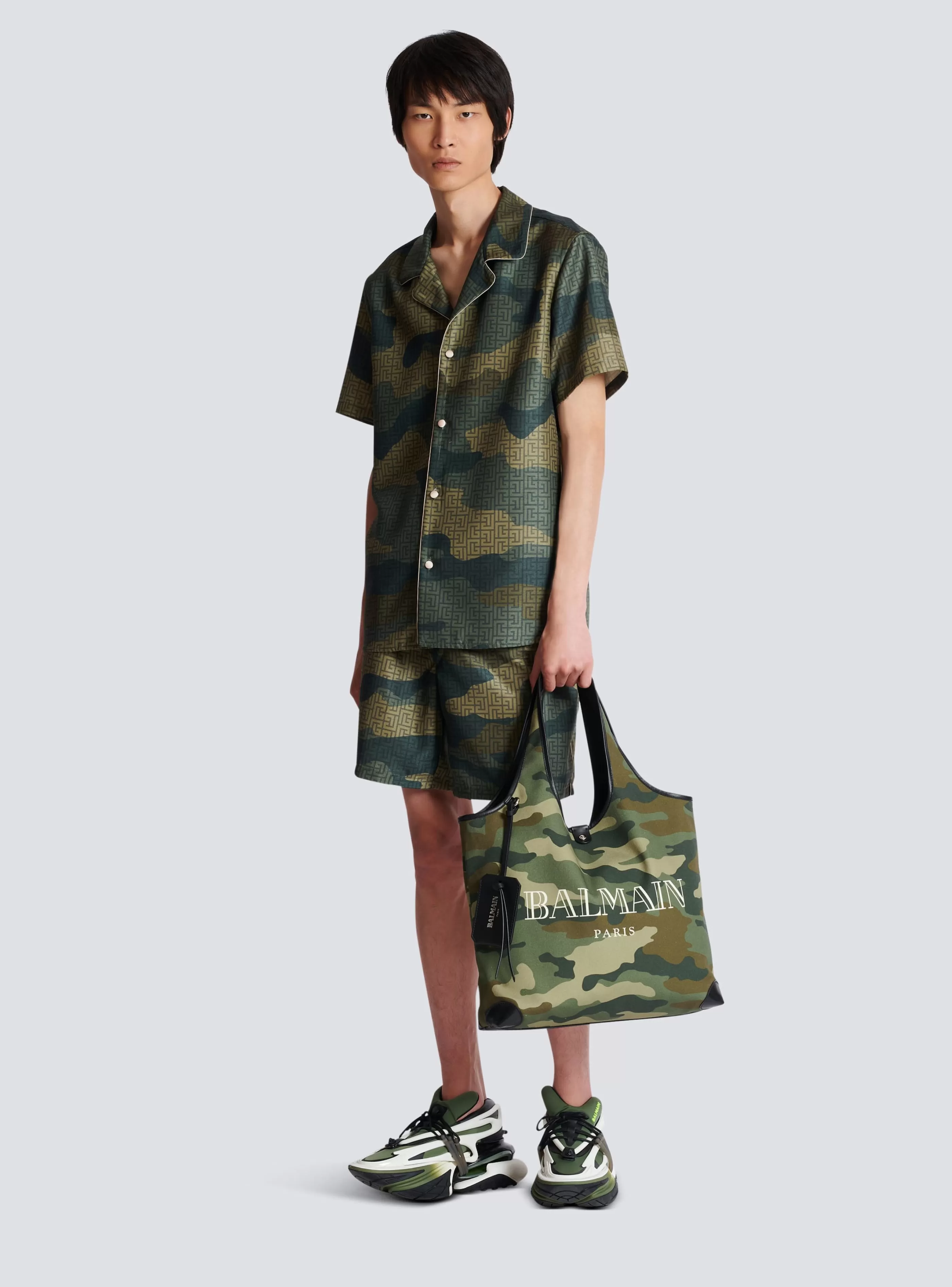 Balmain Camicie E Polo-Camouflage Monogrammed Shantung Short-sleeved Shirt khaki