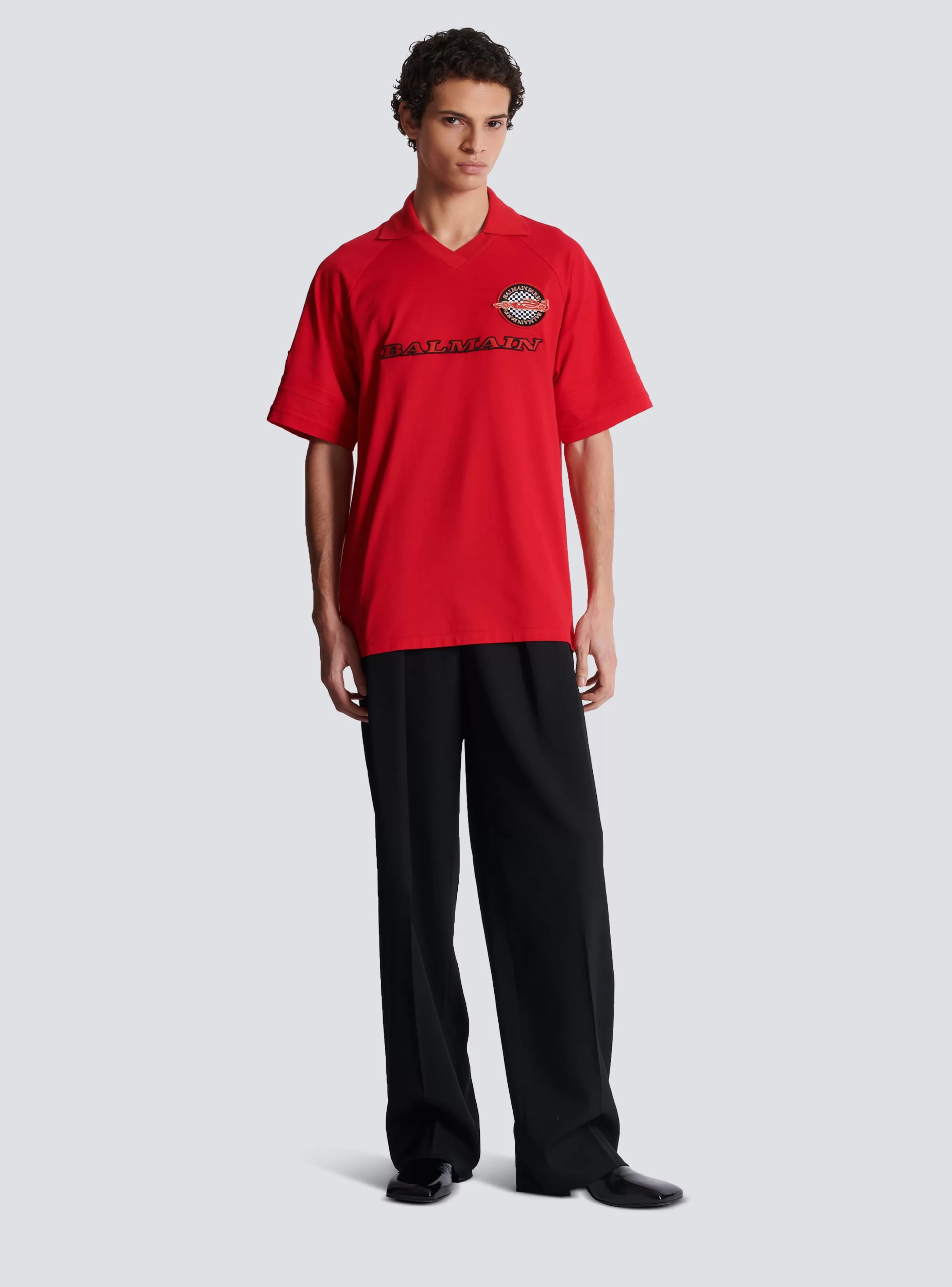 Balmain Camicie E Polo-Cotton Piqué Polo Shirt With Racing Embroidery red