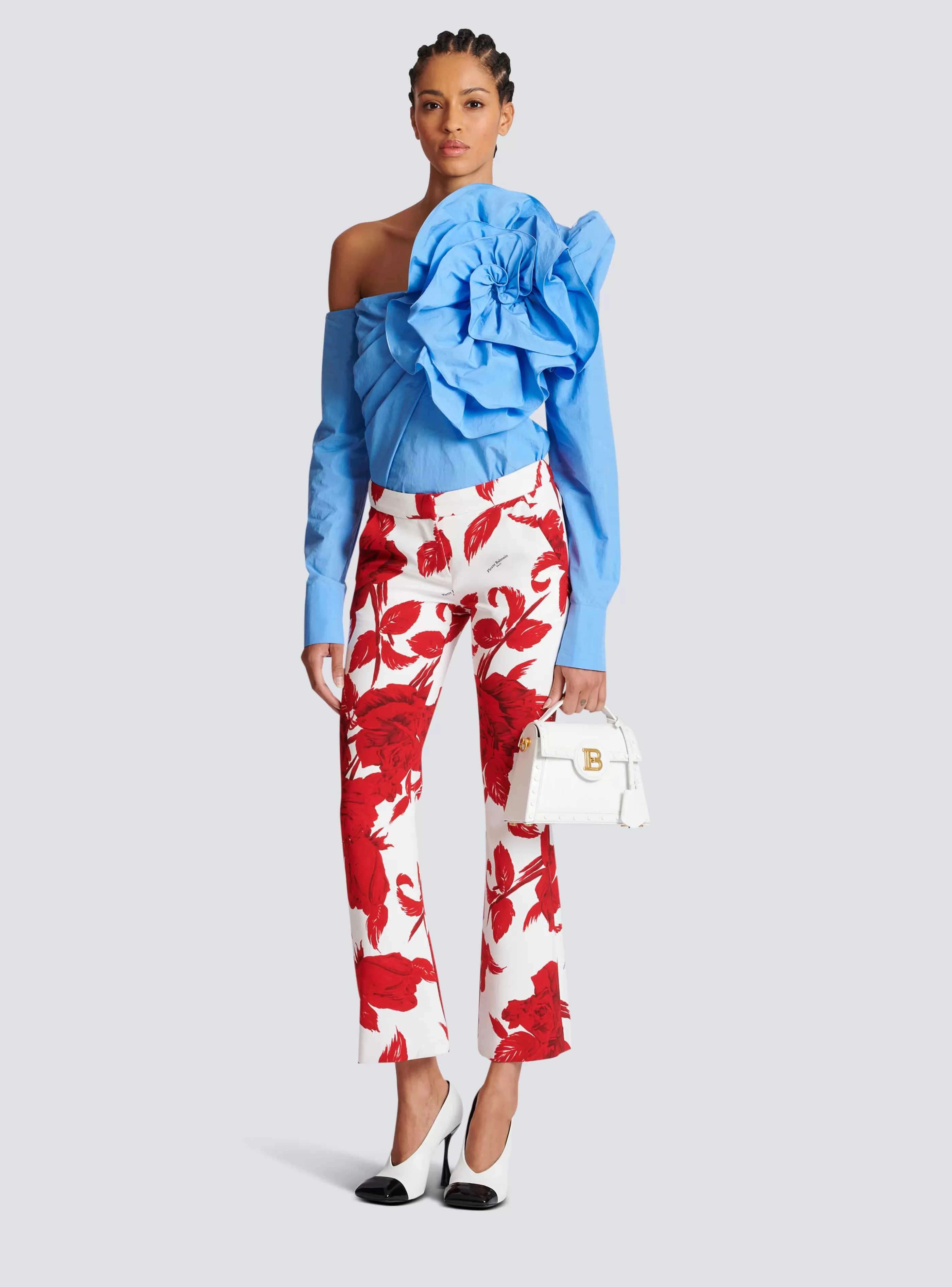 Balmain Pantaloni E Pantaloncini-Crepe Trousers With Roses Print red