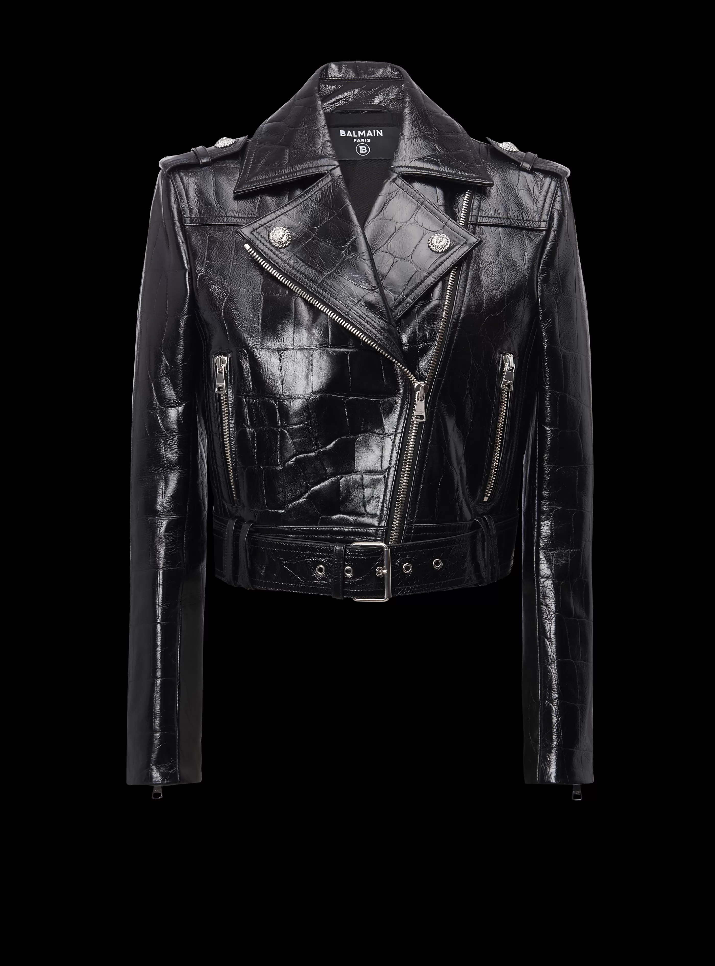 Balmain Capispalla-Crocodile-effect Leather Biker Jacket black