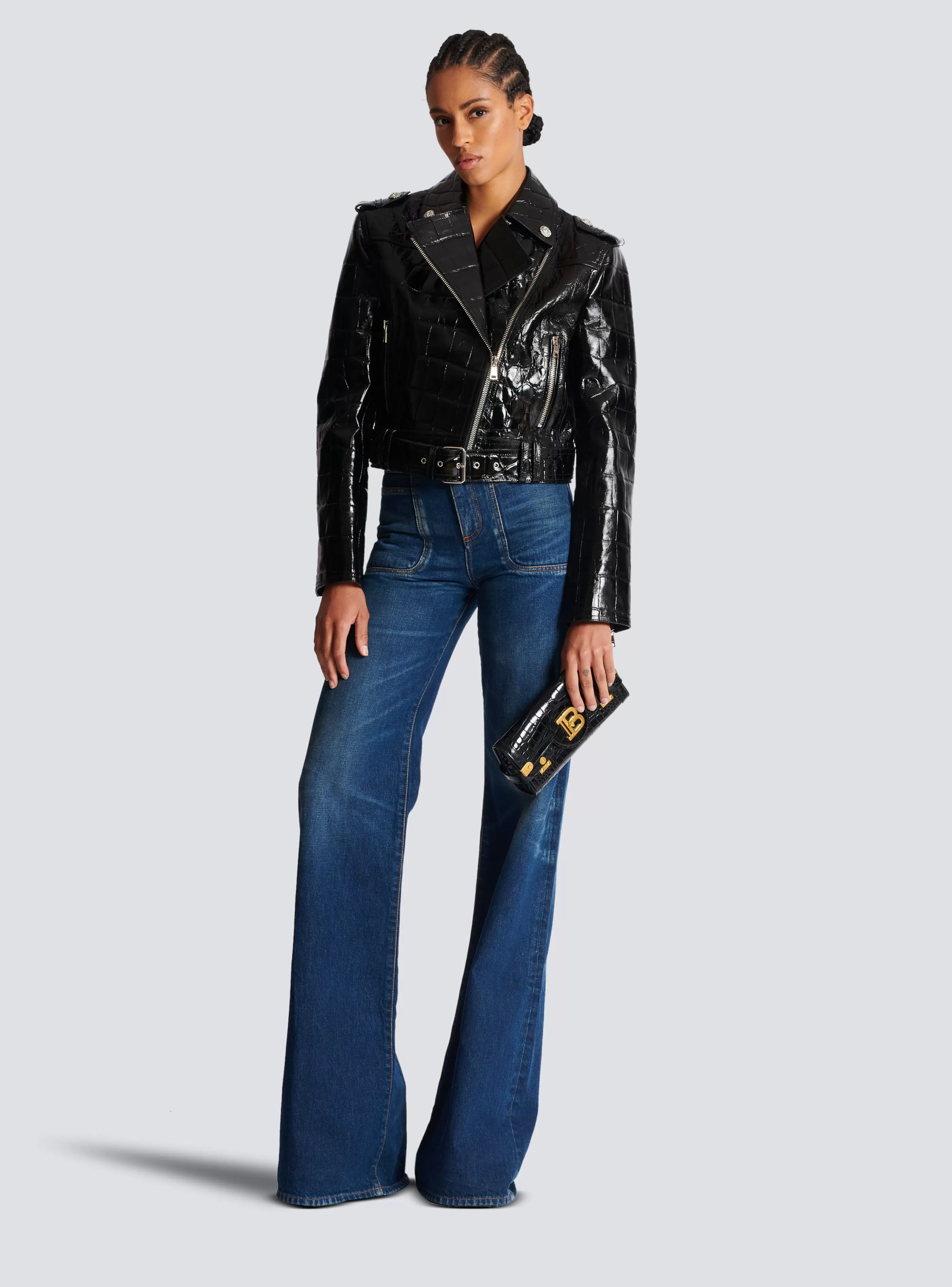 Balmain Capispalla-Crocodile-effect Leather Biker Jacket black