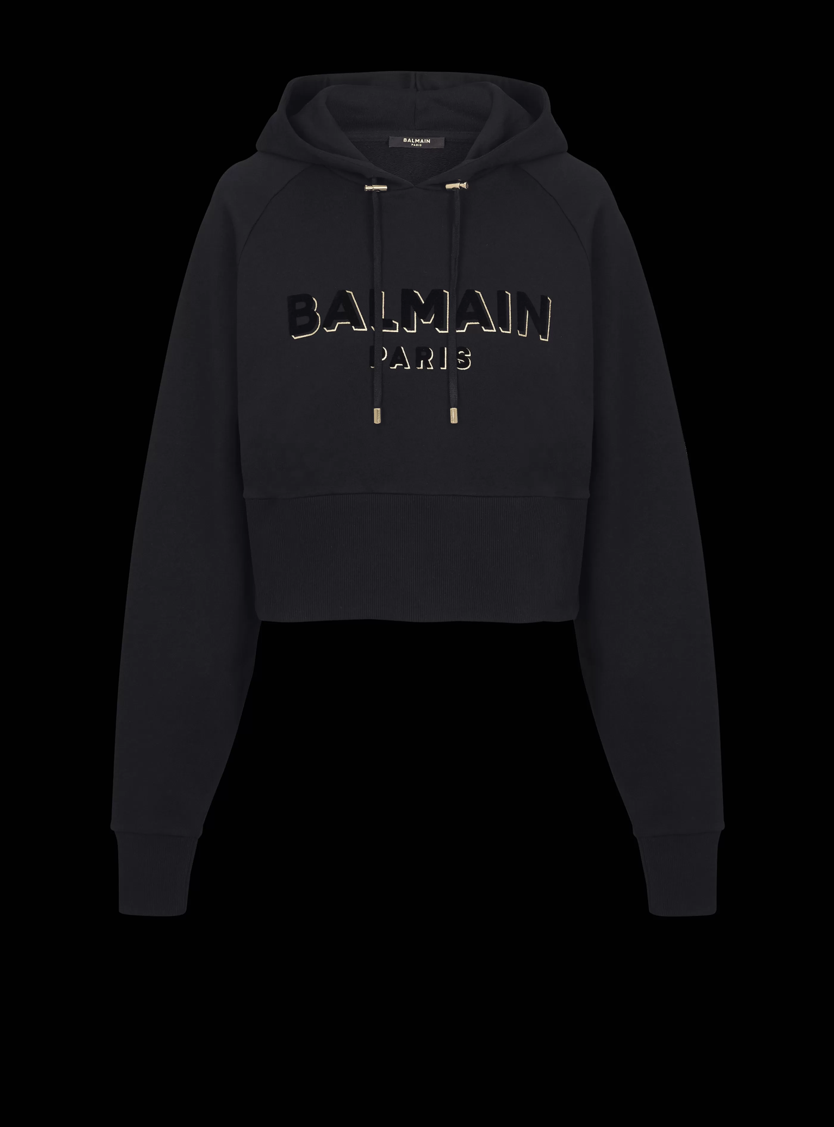 Balmain Felpe-Cropped Cotton Sweatshirt With Flocked Metallic Logo black