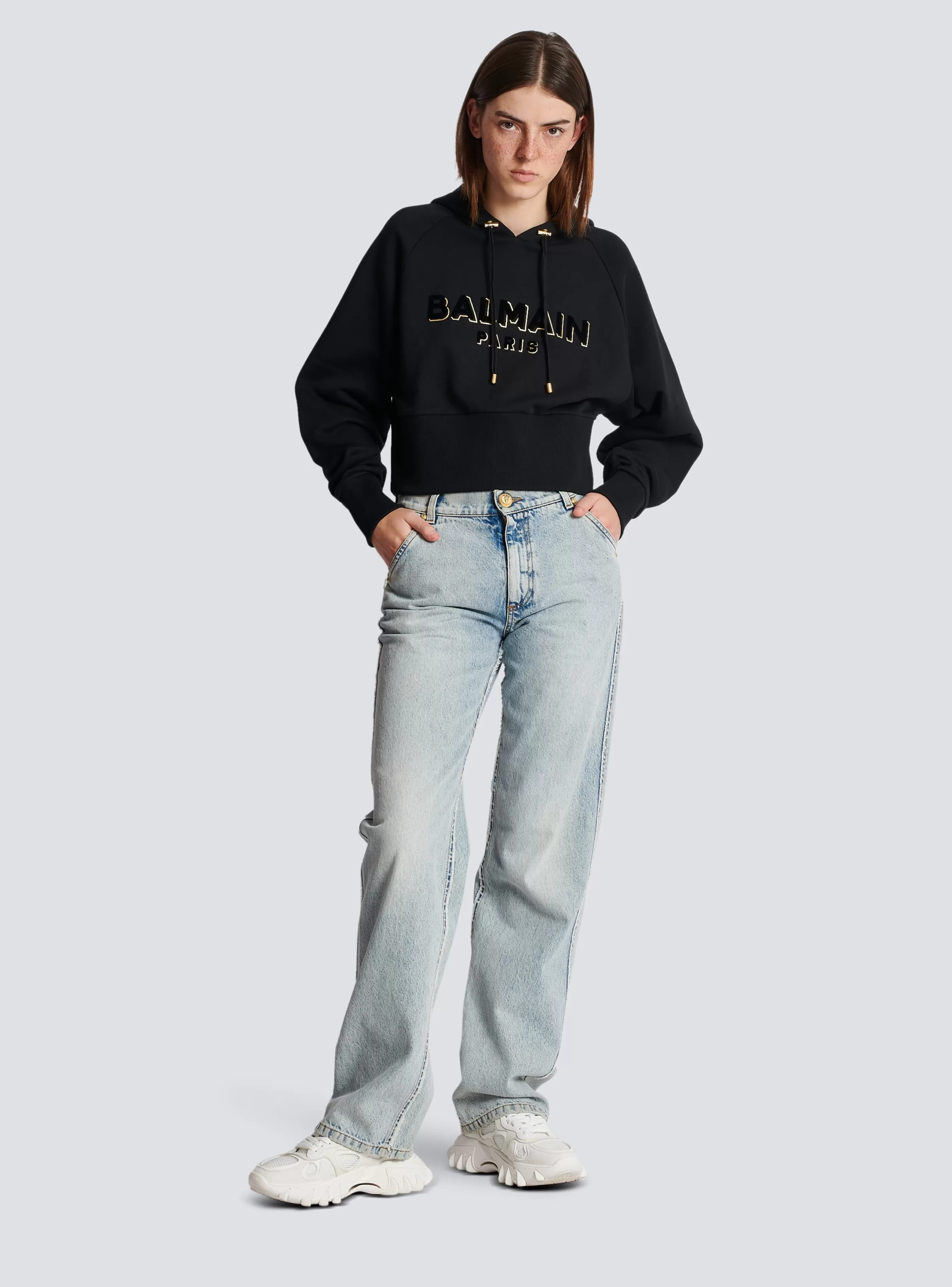 Balmain Felpe-Cropped Cotton Sweatshirt With Flocked Metallic Logo black