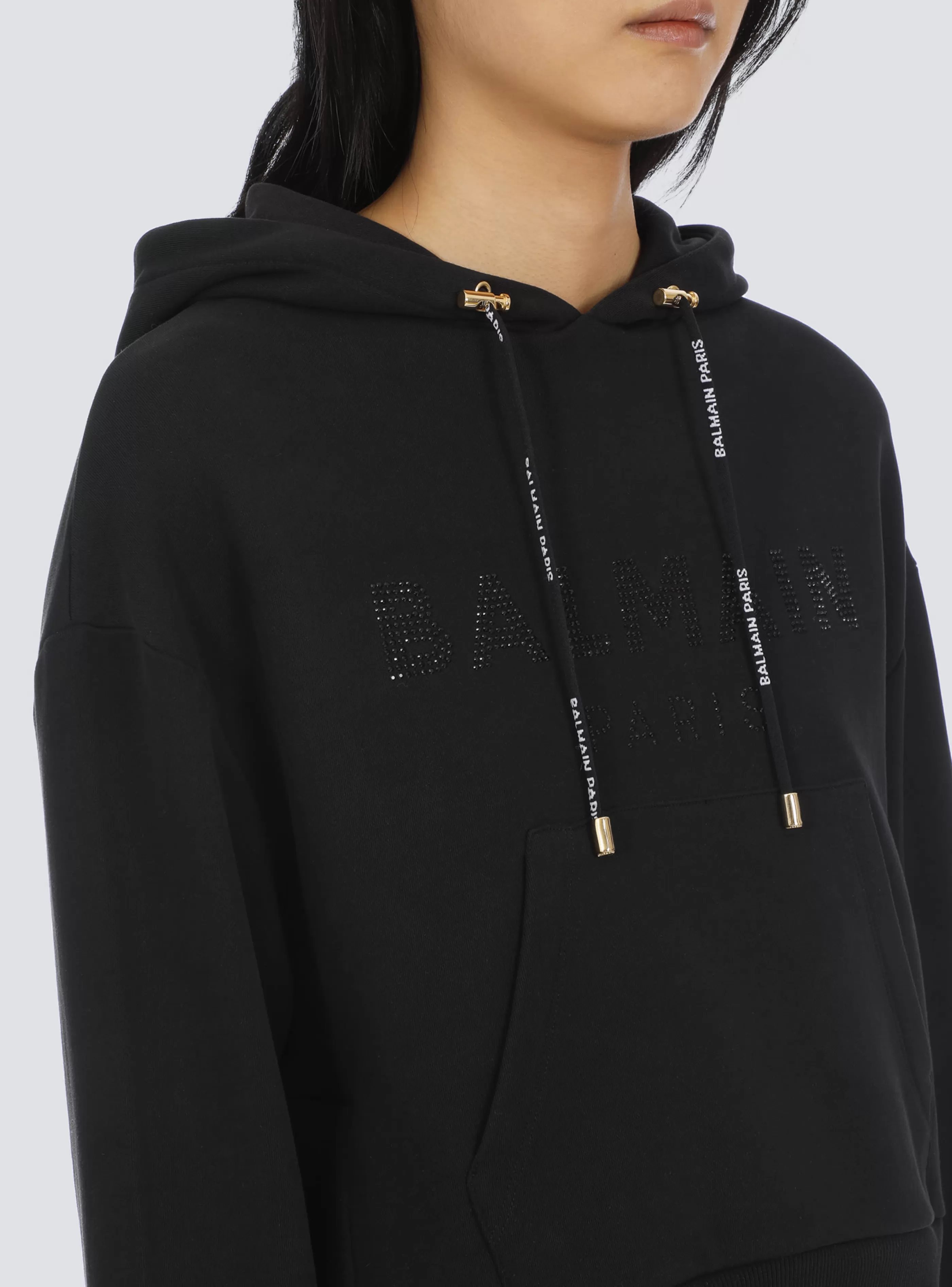 Balmain Felpe-Cropped Eco-designed Cotton Sweatshirt With Rhinestone Logo black