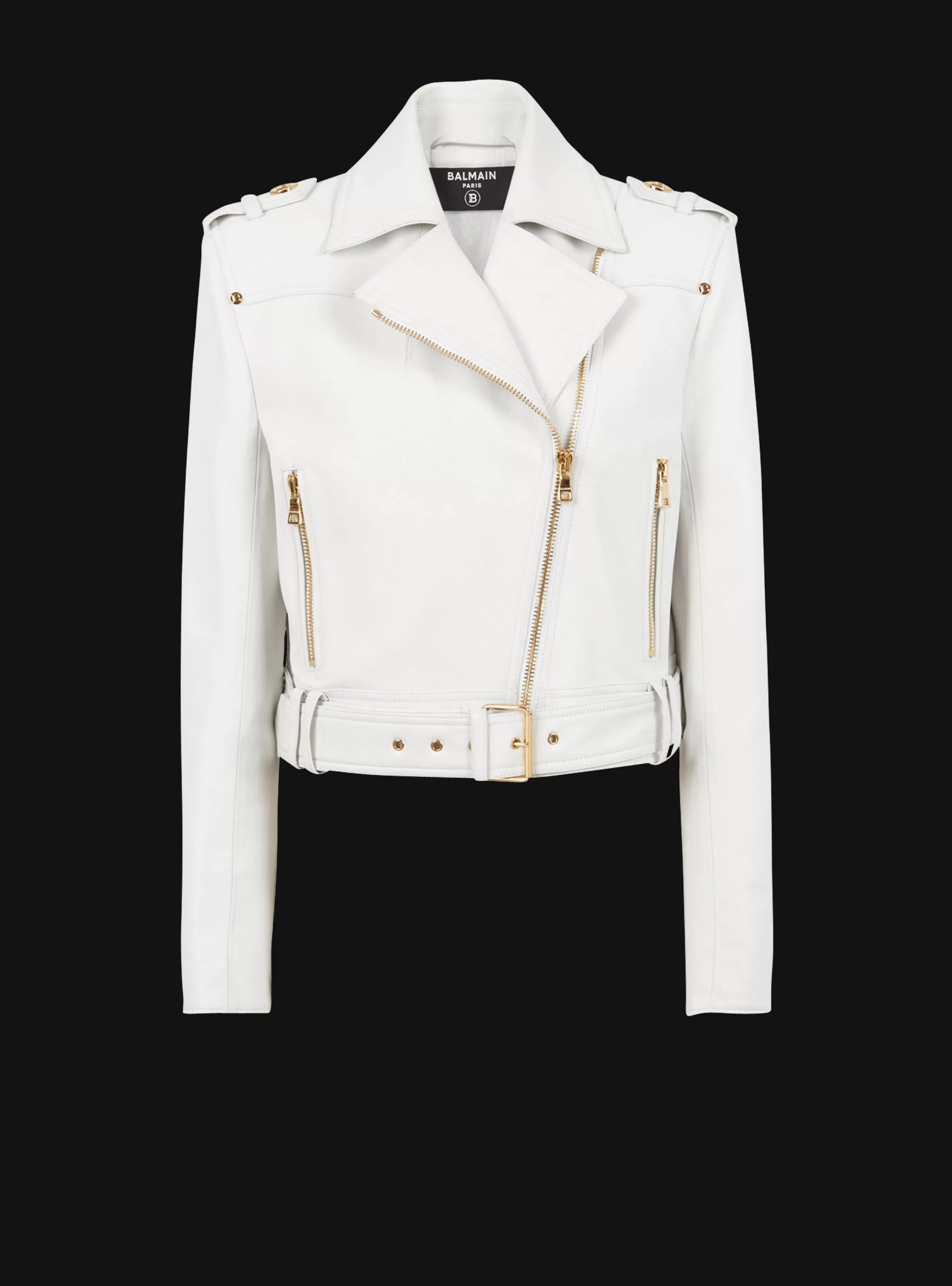 Balmain Capispalla-Cropped Leather Biker Jacket white