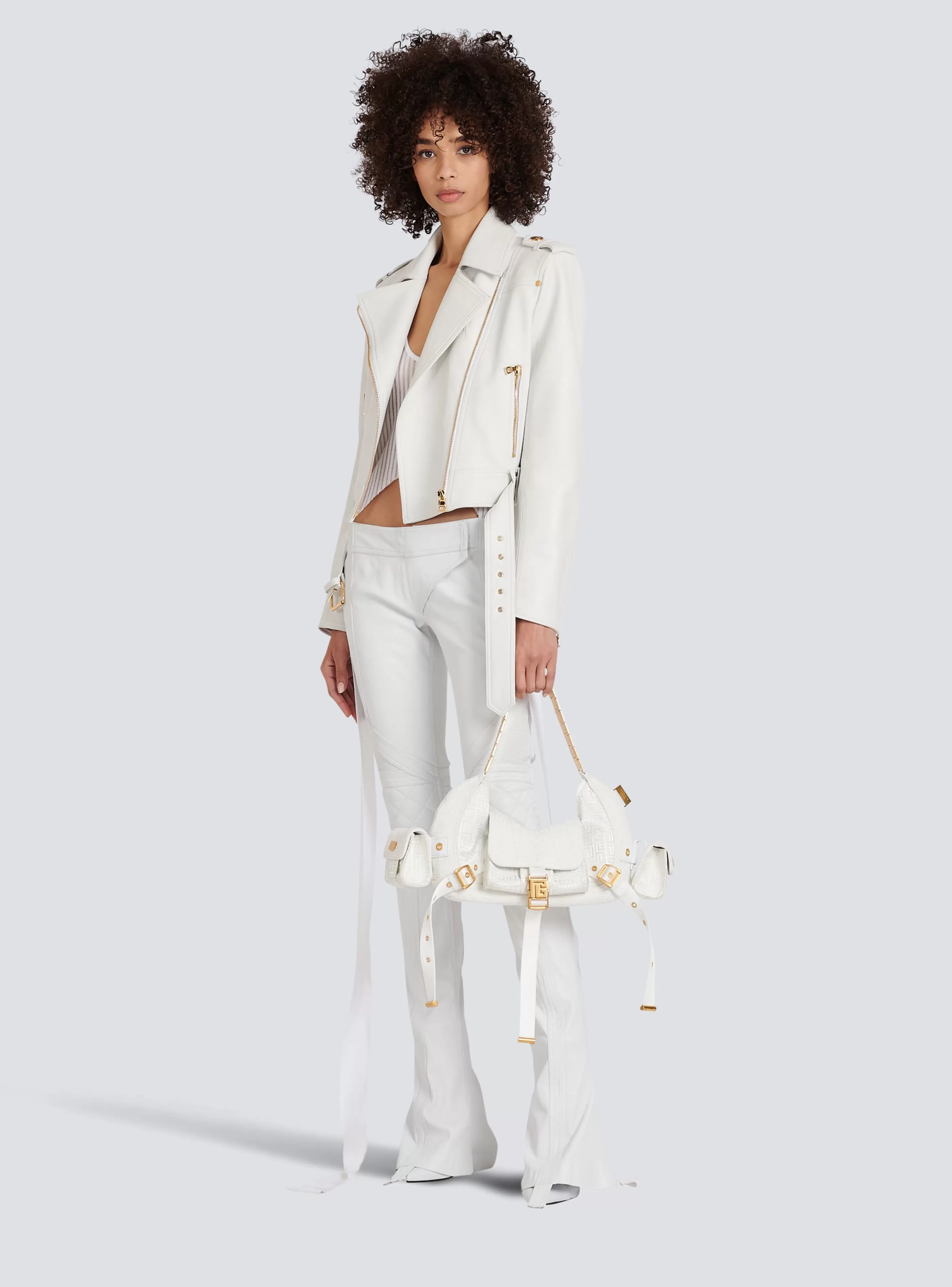 Balmain Capispalla-Cropped Leather Biker Jacket white