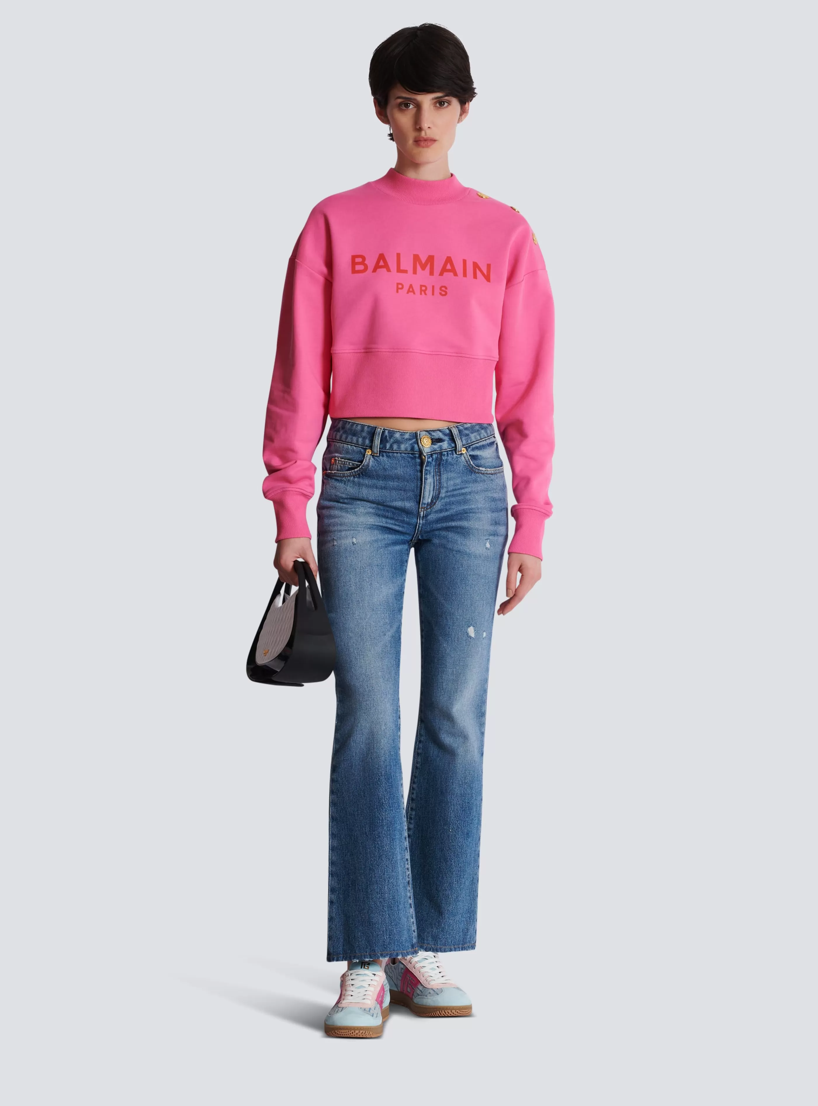 Balmain Felpe-Cropped Sweatshirt With Paris Print pink