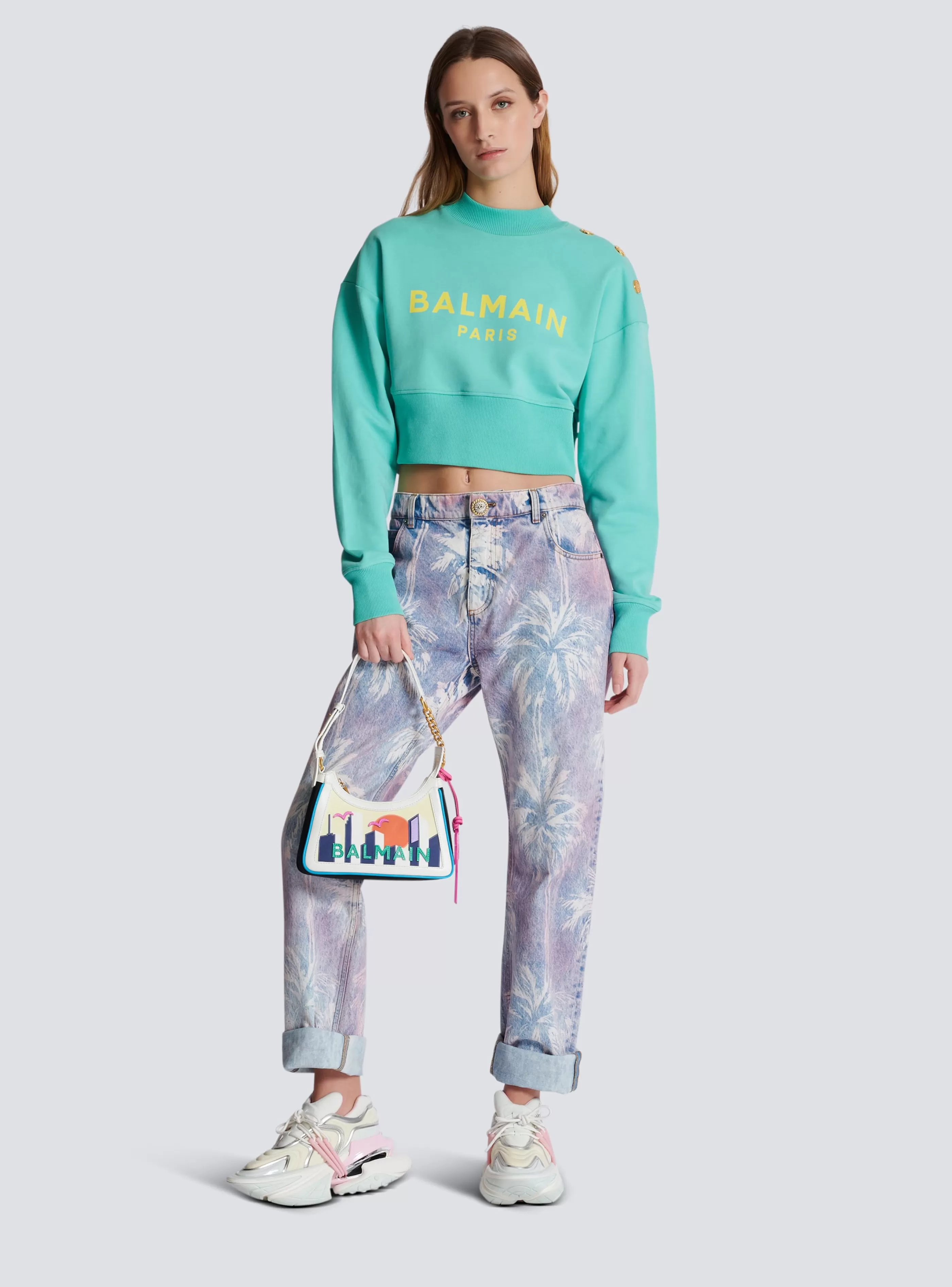 Balmain Felpe-Cropped Sweatshirt With Paris Print blue