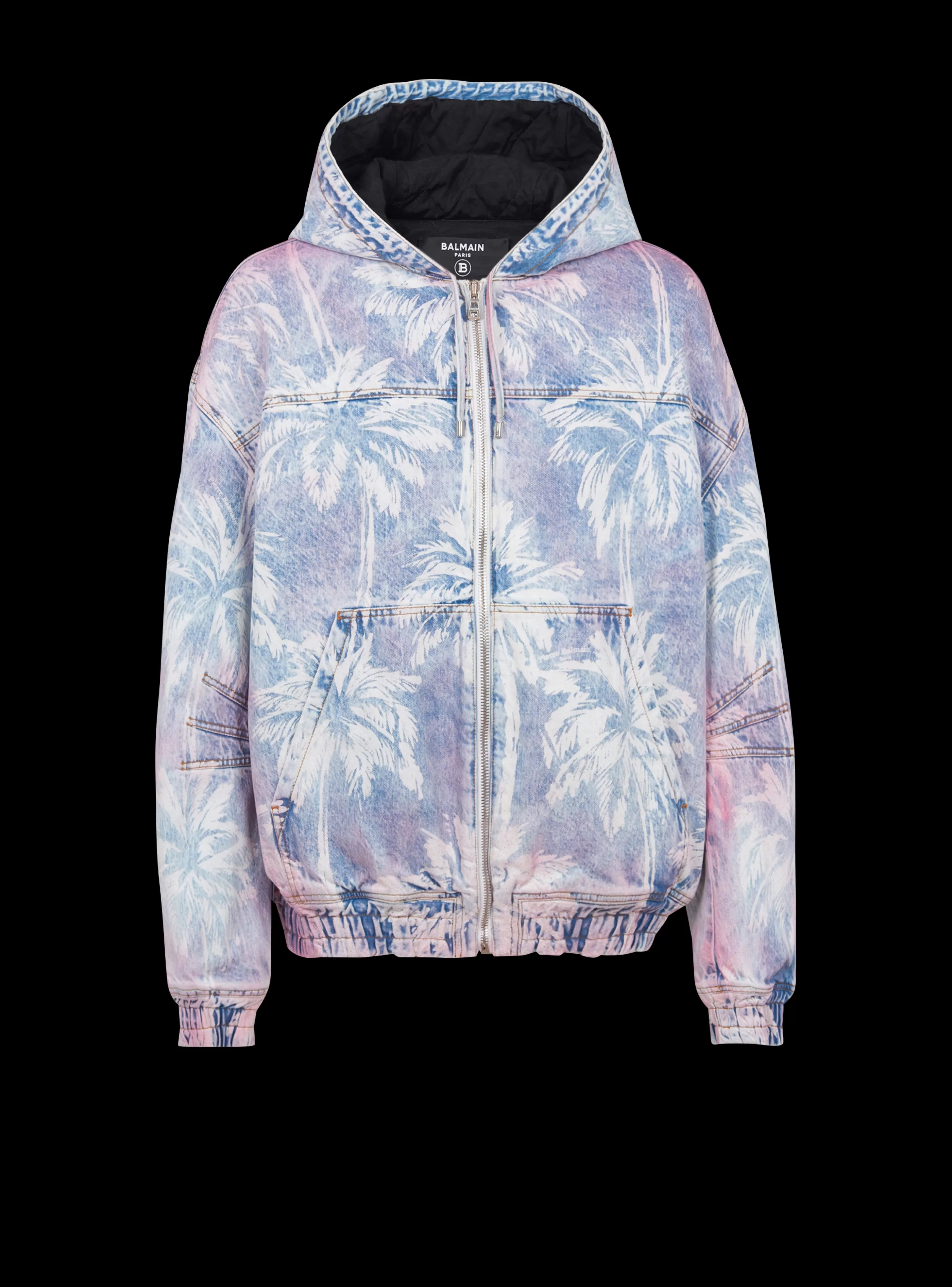 Balmain Capispalla | Denim-Denim Hooded Bomber Jacket With Palm Tree Print blue