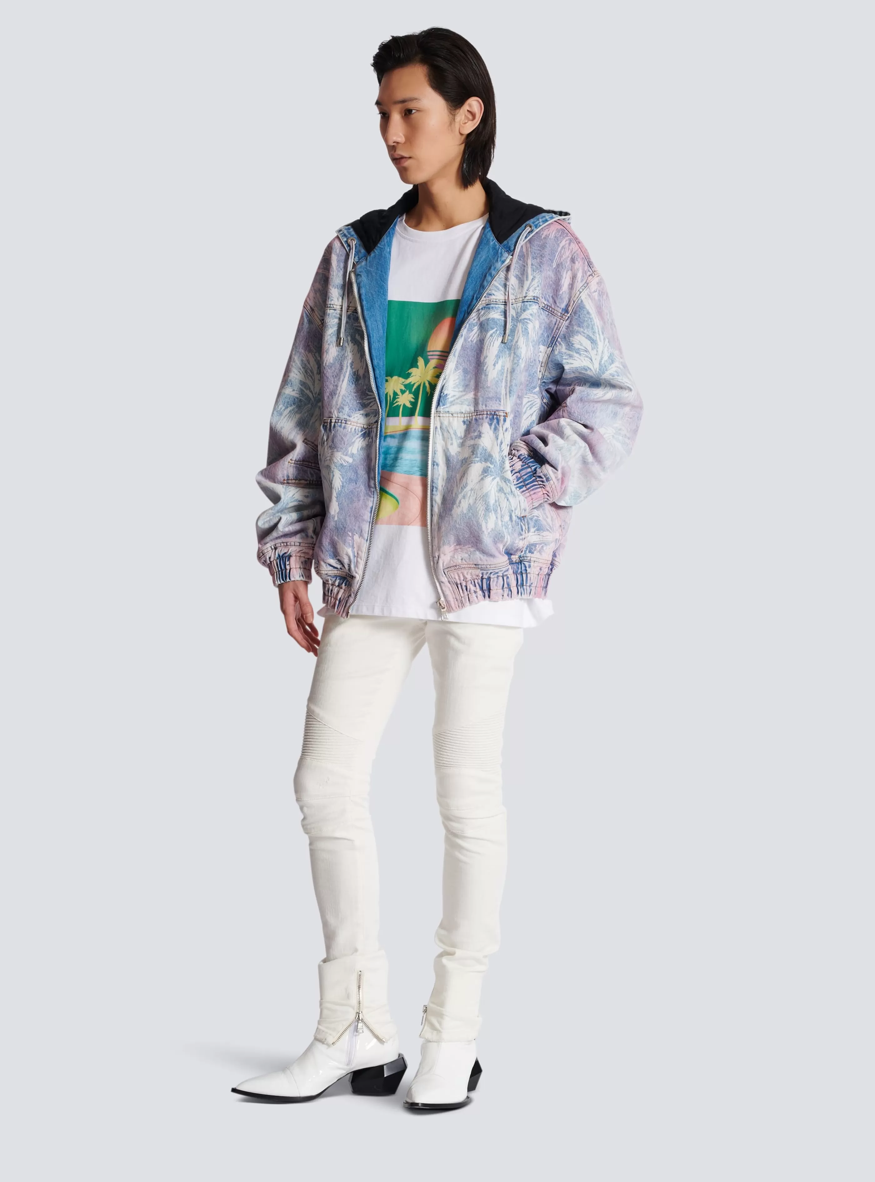 Balmain Capispalla | Denim-Denim Hooded Bomber Jacket With Palm Tree Print blue