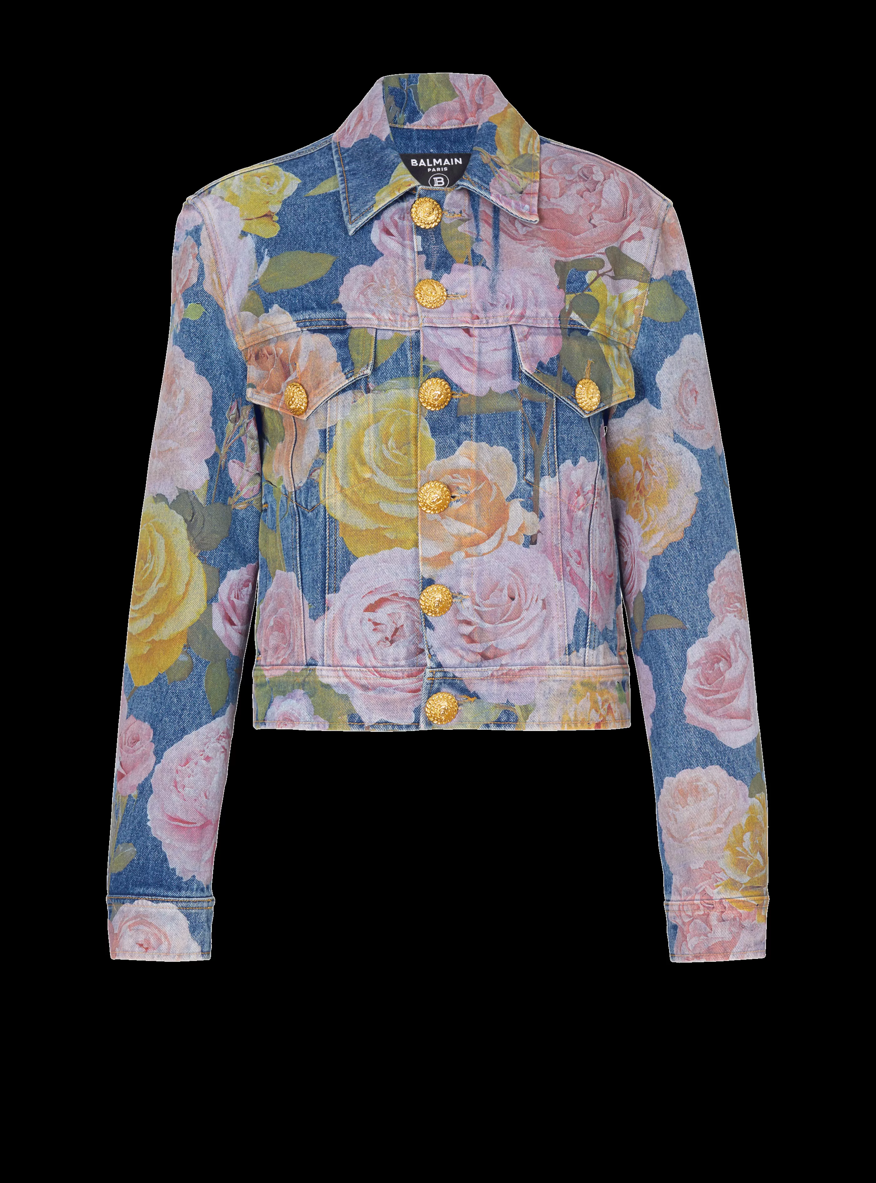 Balmain Denim | Capispalla-Denim Jacket With Pastel Roses Print navy