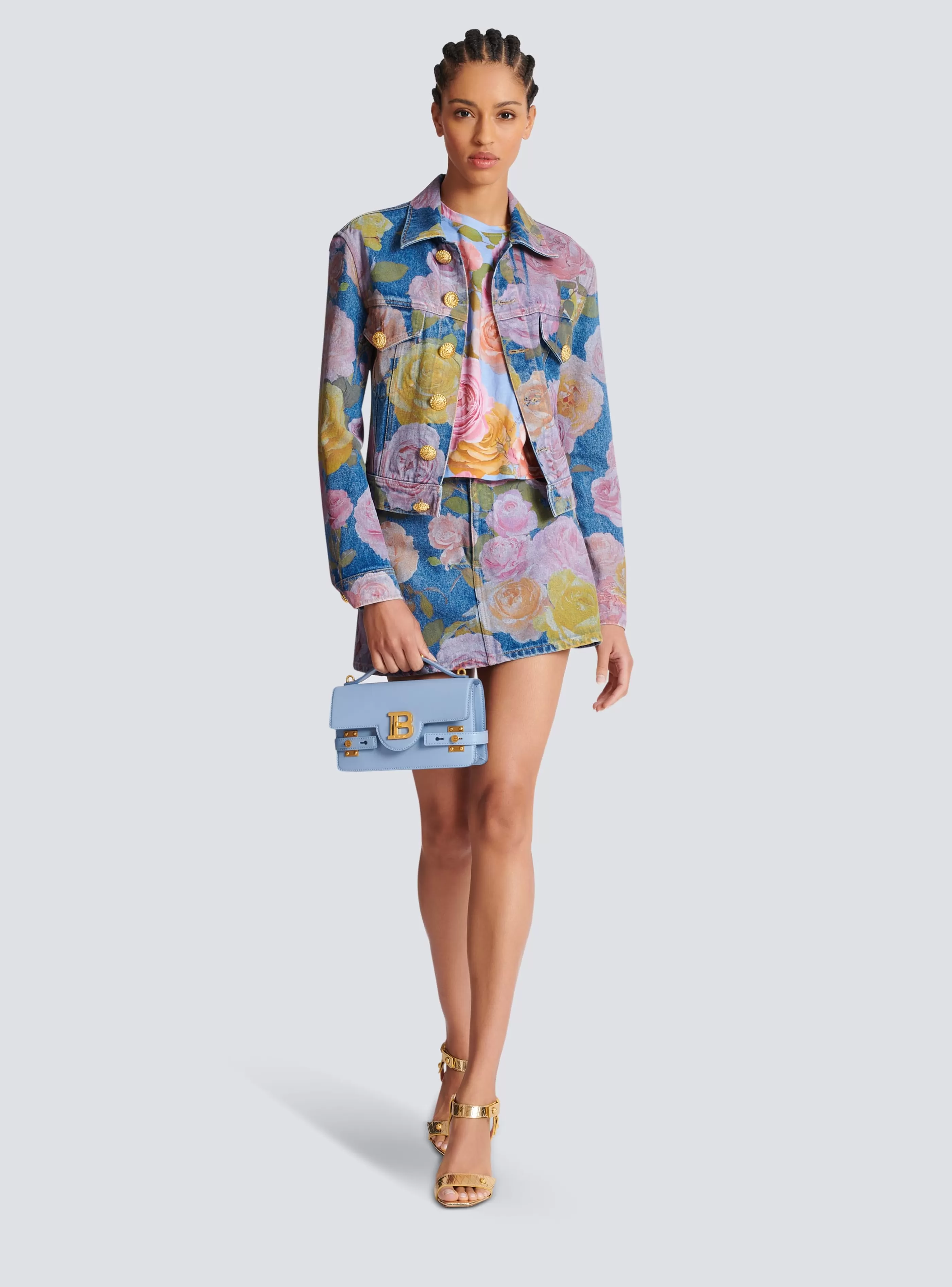 Balmain Denim | Capispalla-Denim Jacket With Pastel Roses Print navy