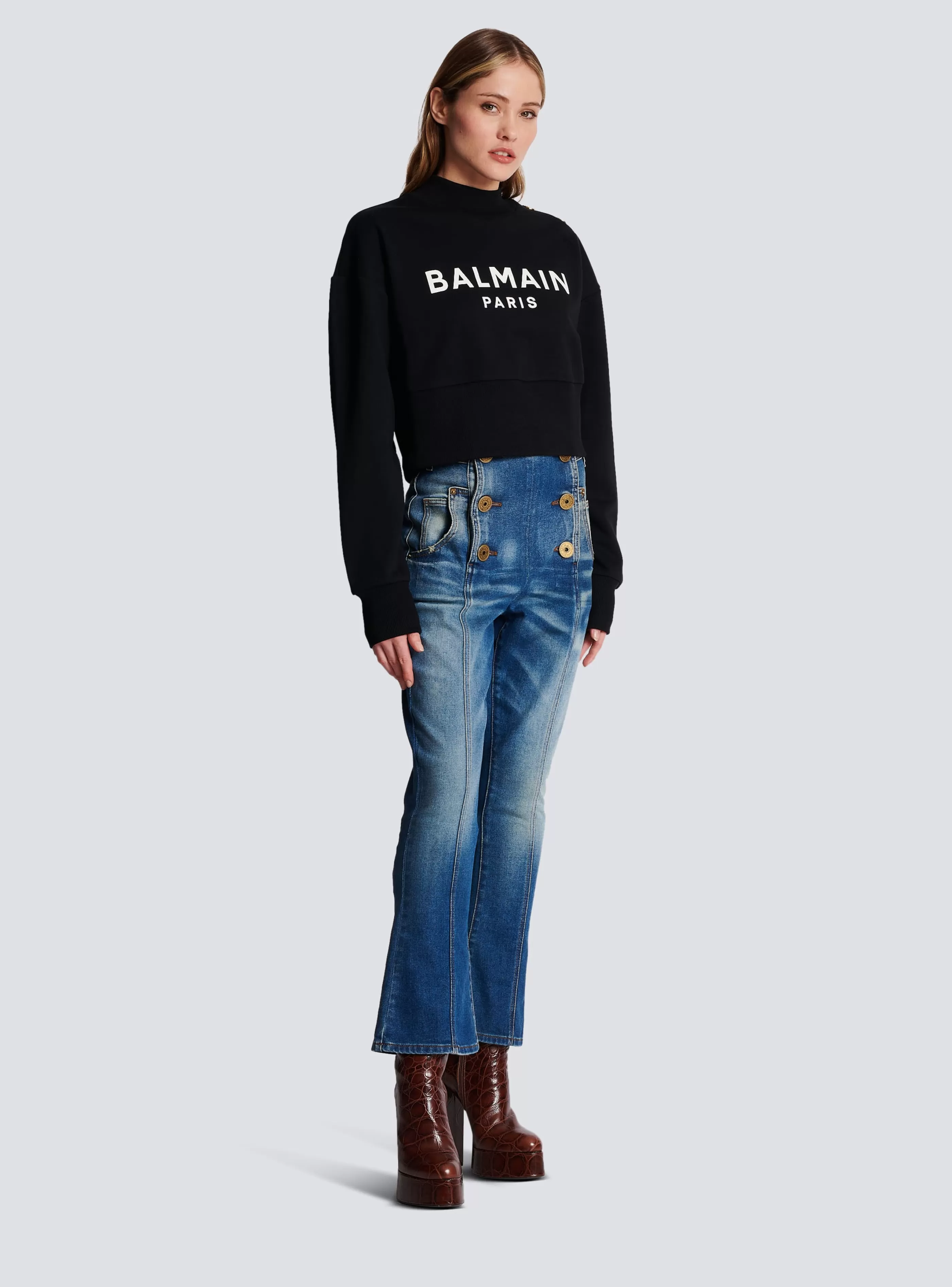 Balmain Felpe-Eco-responsible Cotton Cropped Sweatshirt With Logo Print black
