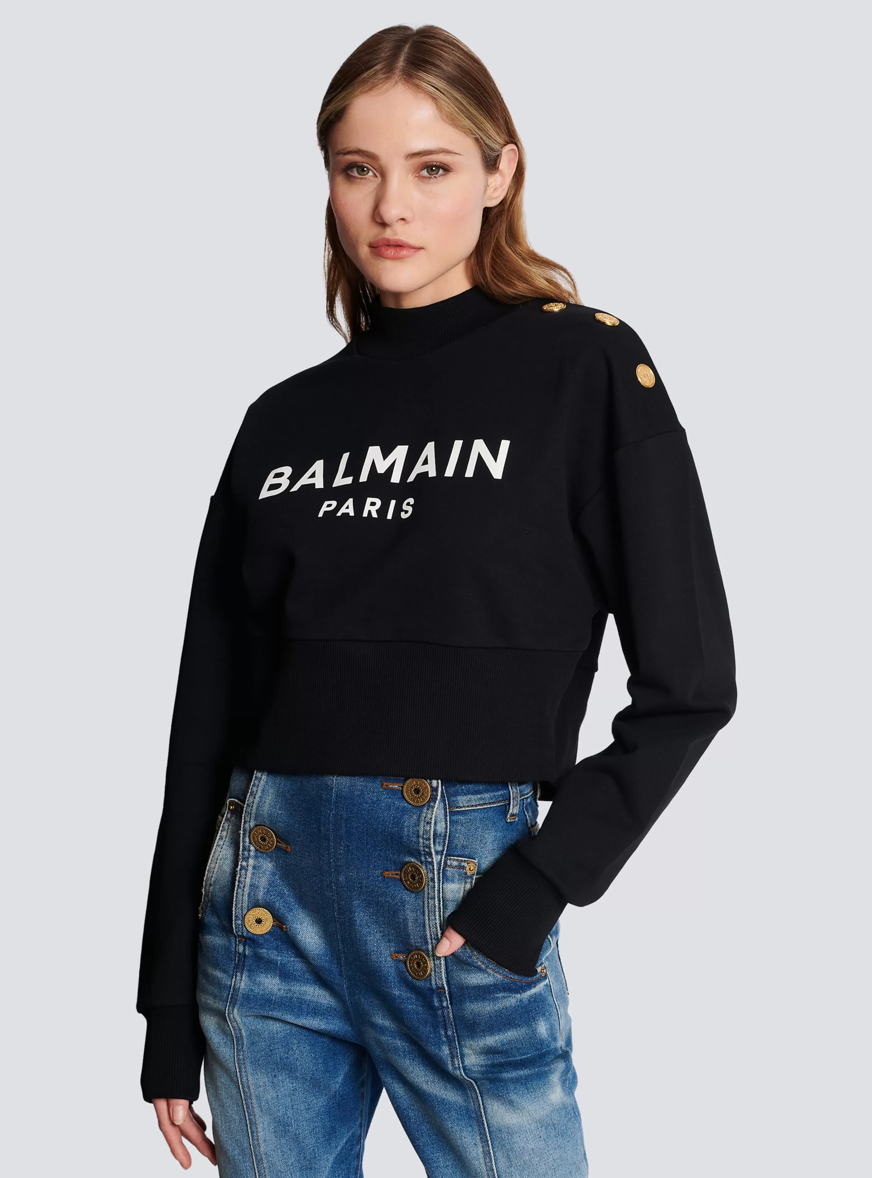 Balmain Felpe-Eco-responsible Cotton Cropped Sweatshirt With Logo Print black
