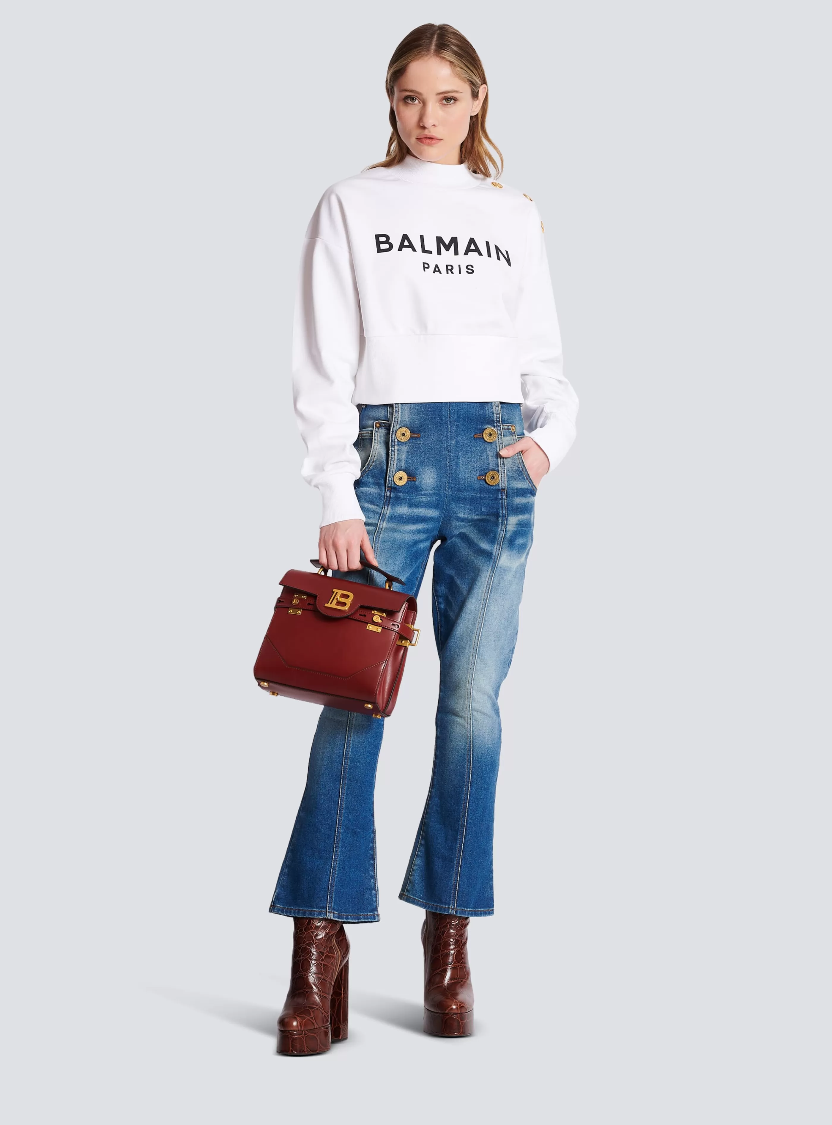 Balmain Felpe-Eco-responsible Cotton Cropped Sweatshirt With Logo Print white