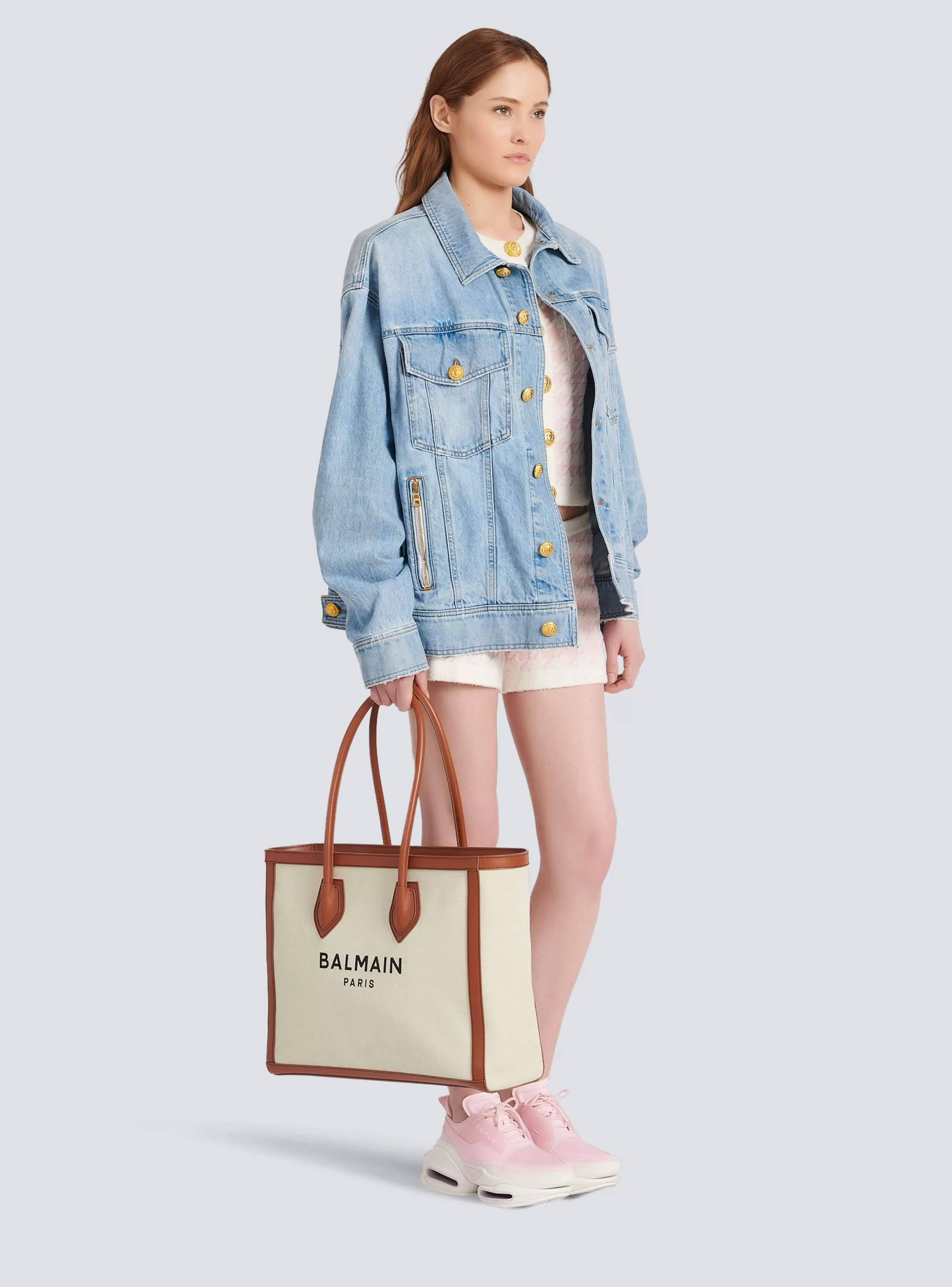 Balmain Shopper | Borse A Spalla-Ecru Canvas B-Army 42 Tote Bag With Brown Leather Panels beige