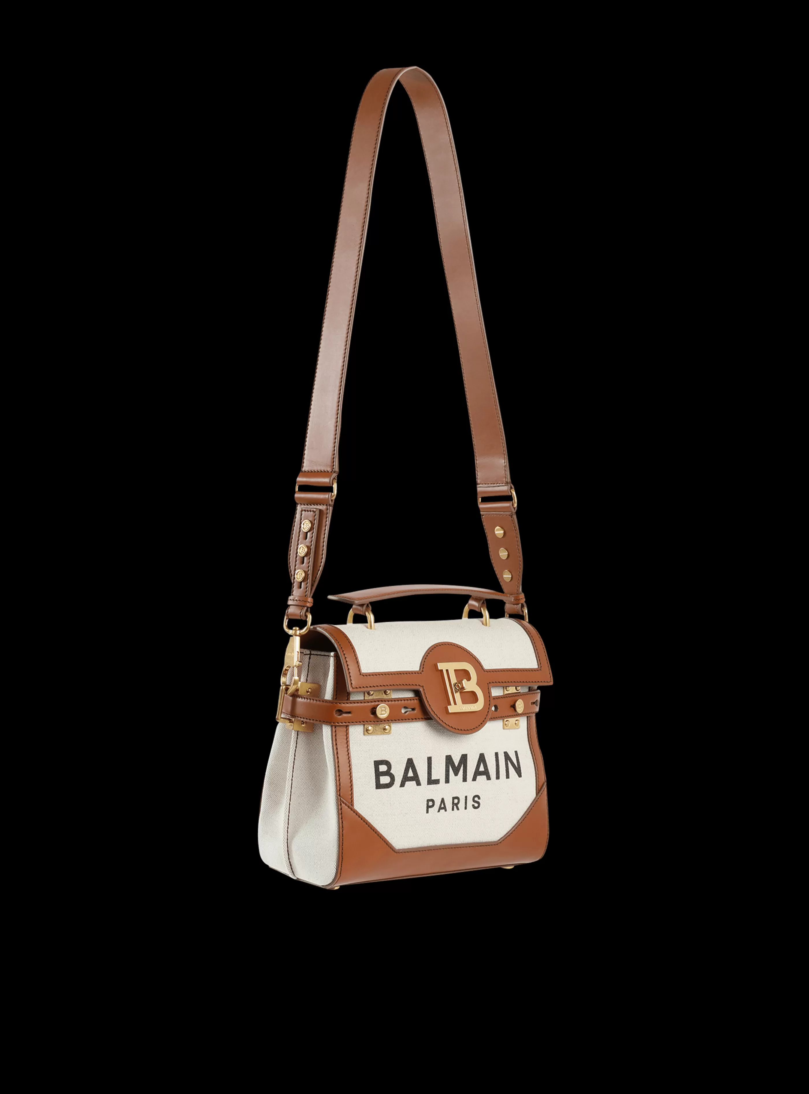 Balmain Borse A Tracolla | Borse A Mano-Ecru Canvas B-Buzz 23 Bag With Brown Leather Panels beige