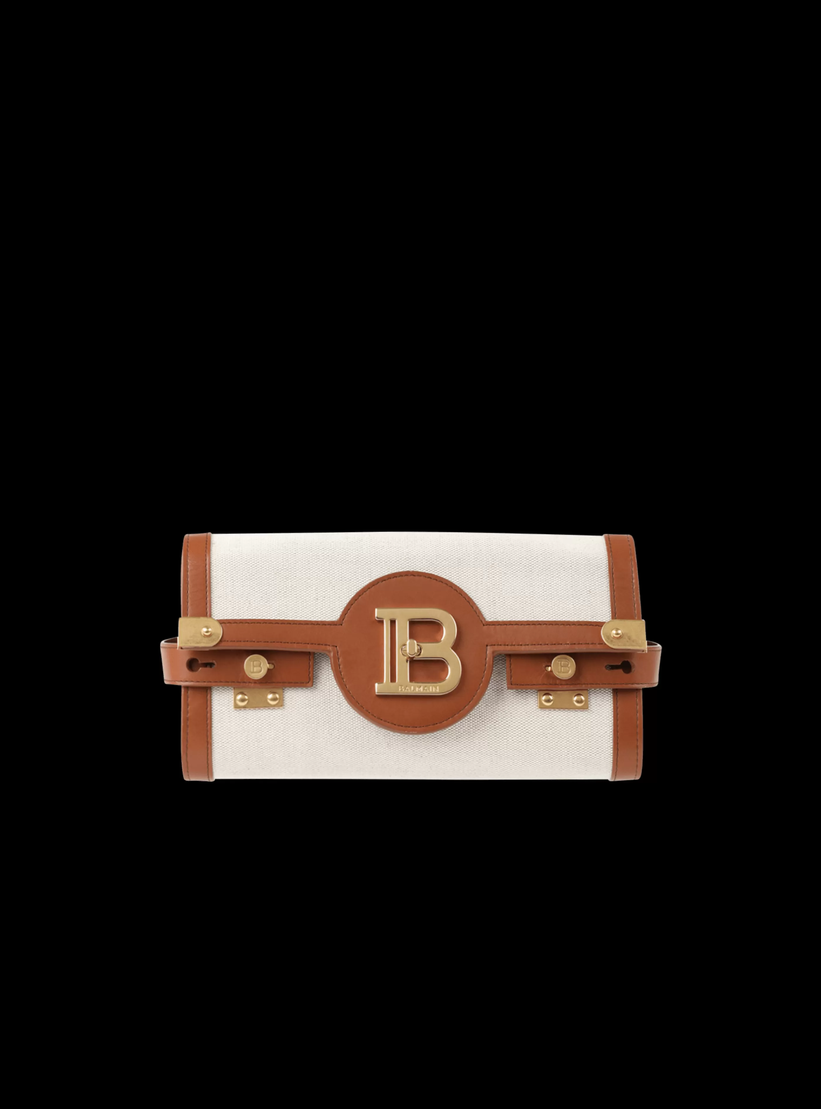 Balmain Borse Mini | Borse A Tracolla-Ecru Canvas B-Buzz 23 Clutch With Brown Leather Panels beige