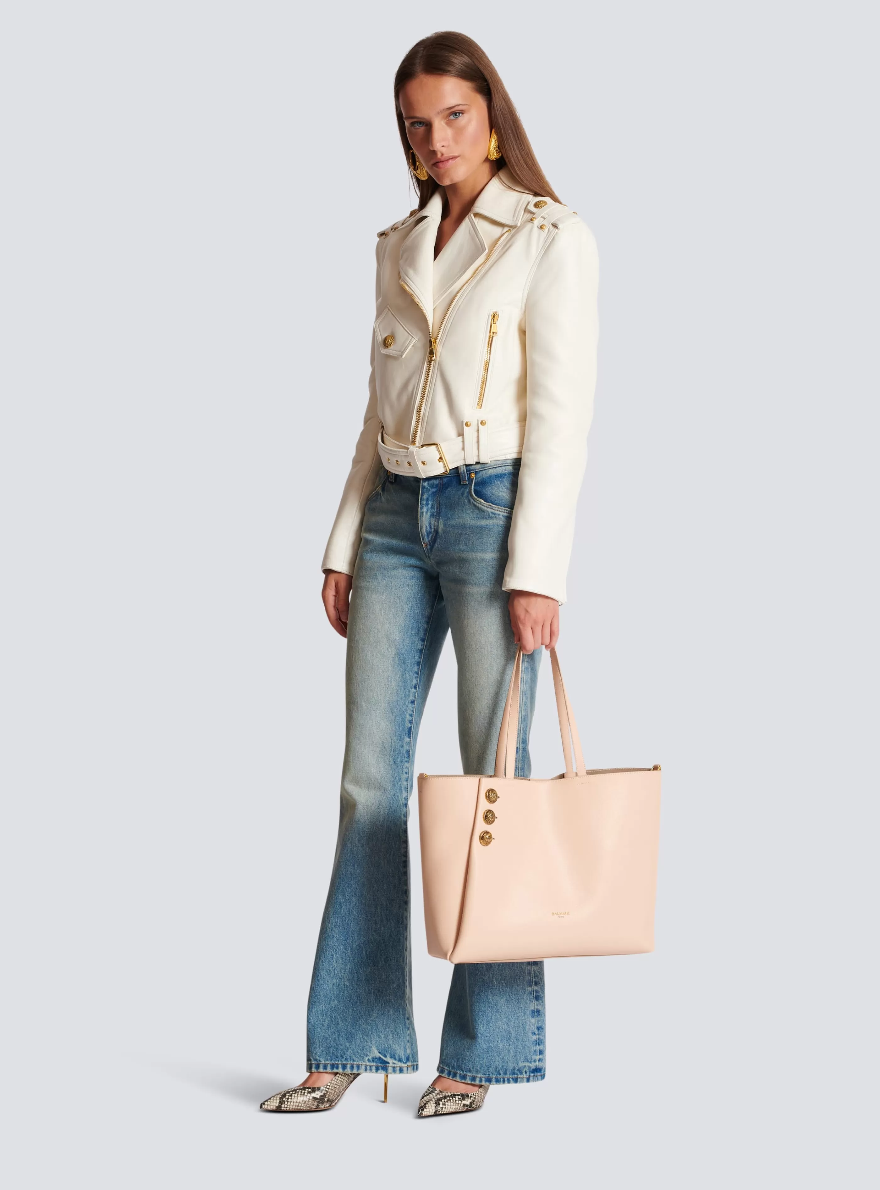 Balmain Shopper | Borse A Spalla-Emblème Grained Leather Tote Bag beige