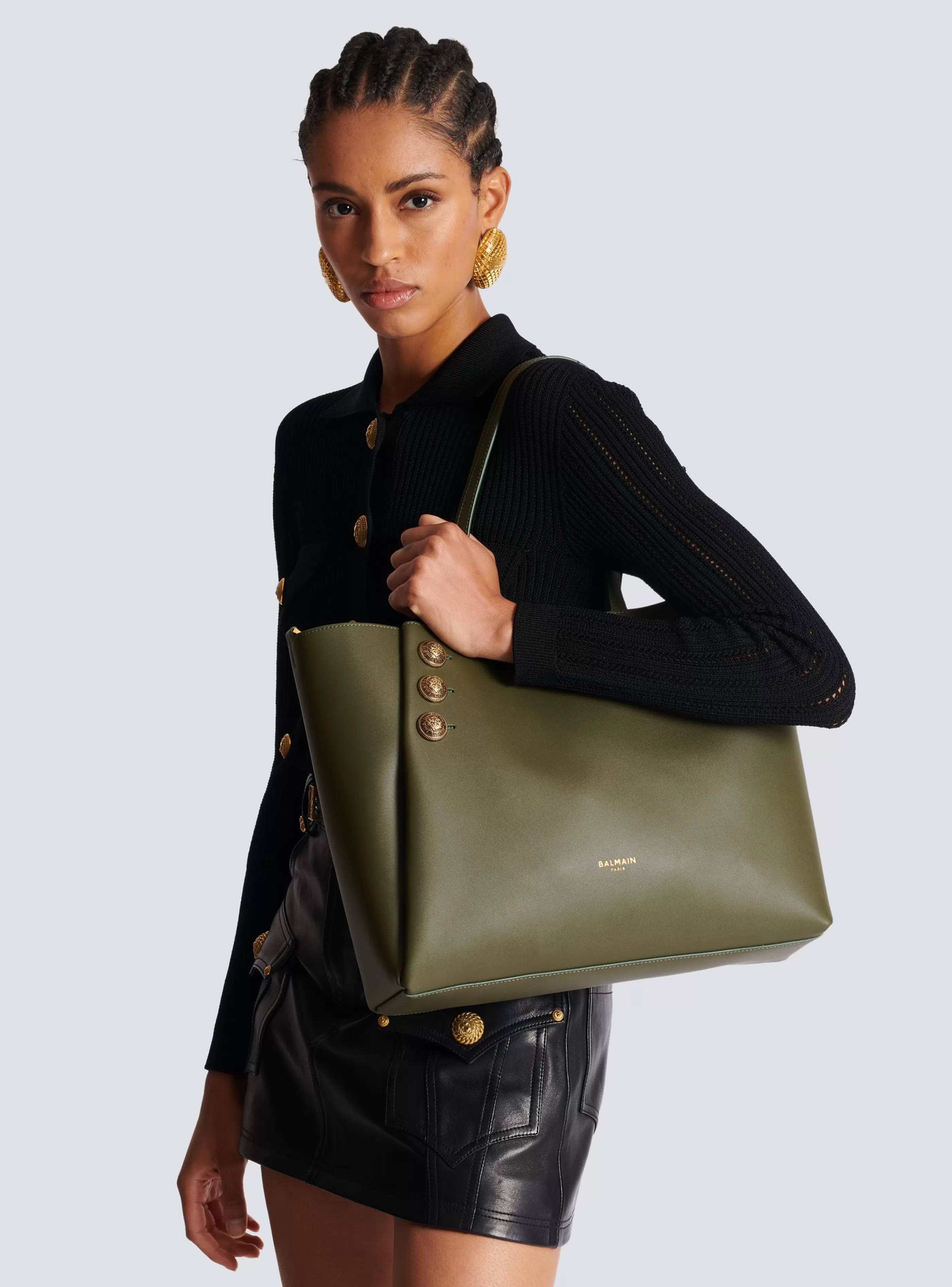 Balmain Shopper | Borse A Spalla-Emblème Leather Tote Bag khaki