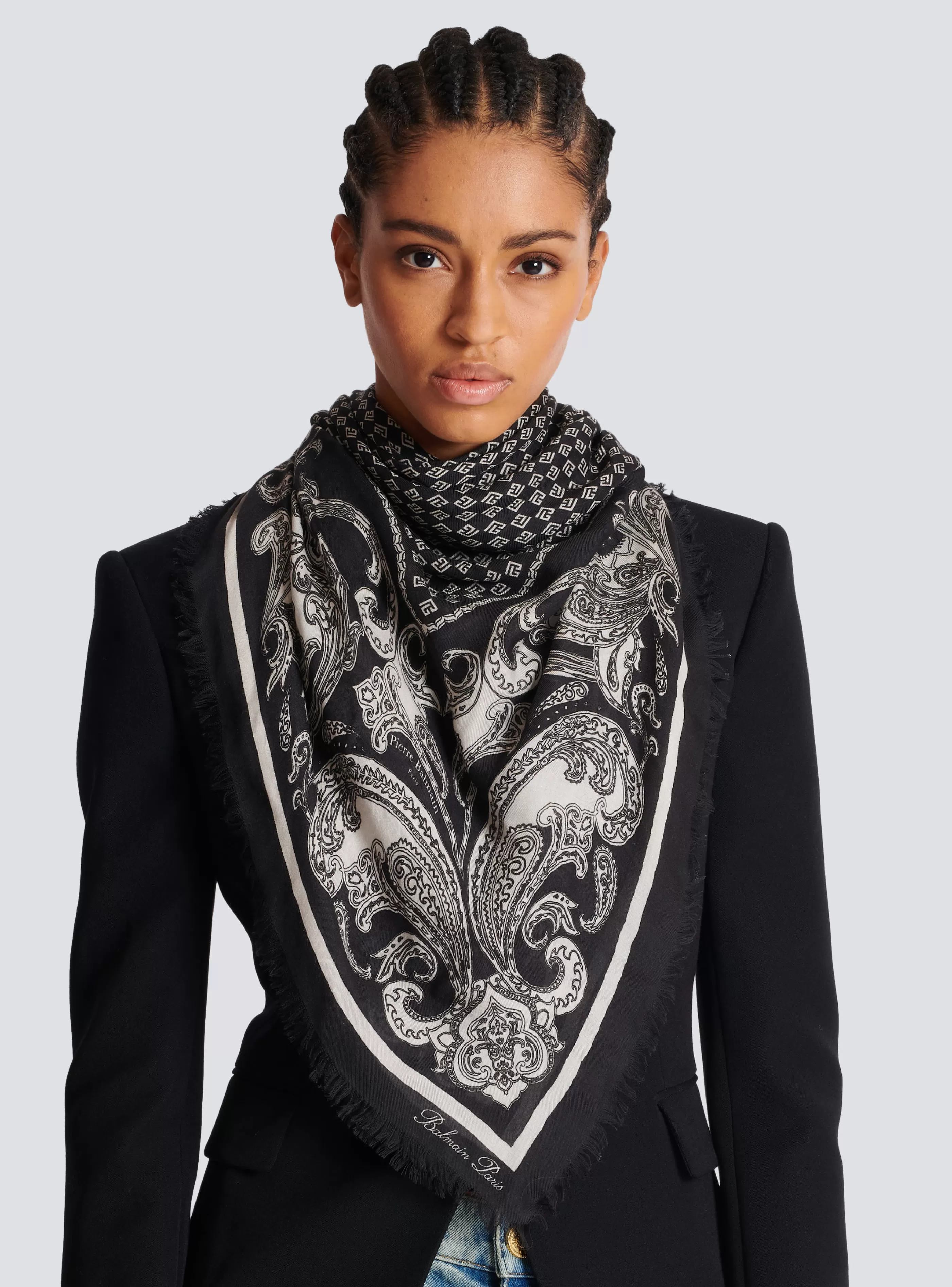 Balmain Sciarpe-Floaty Scarf With Mini Monogram And Paisley Print black