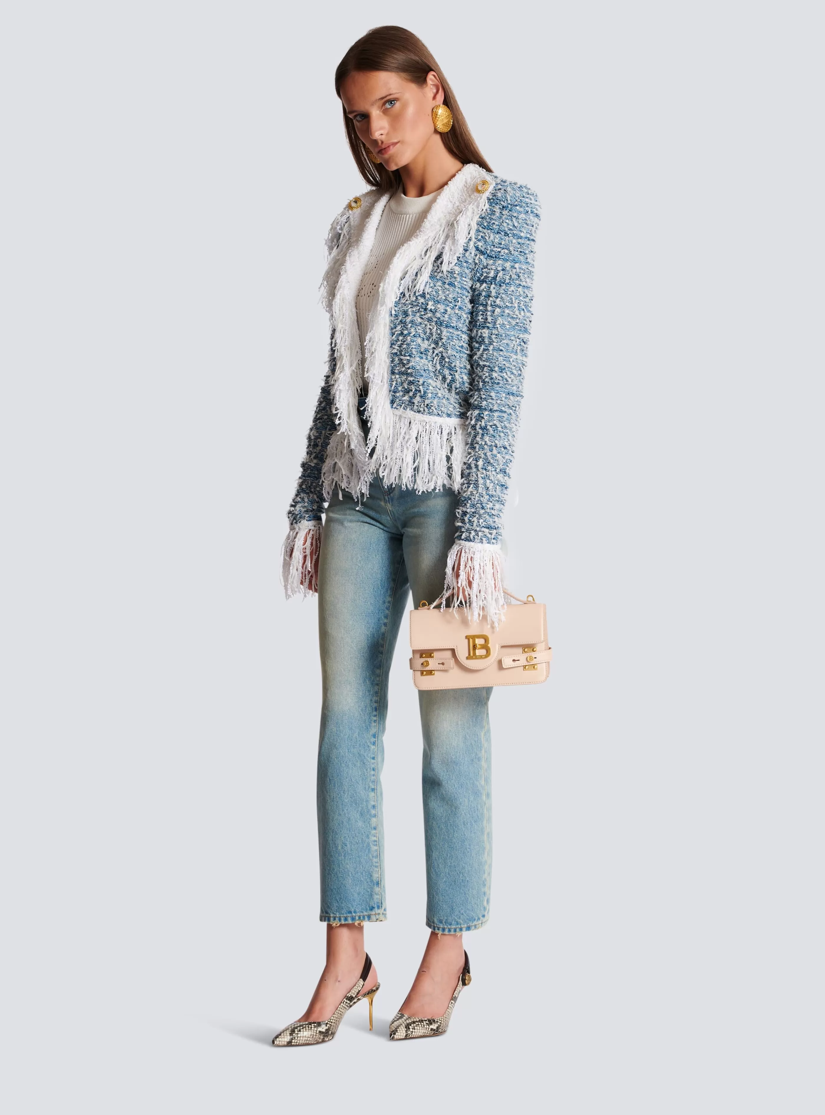 Balmain Denim | Giacche E Blazer-Fringed Denim Tweed Jacket blue