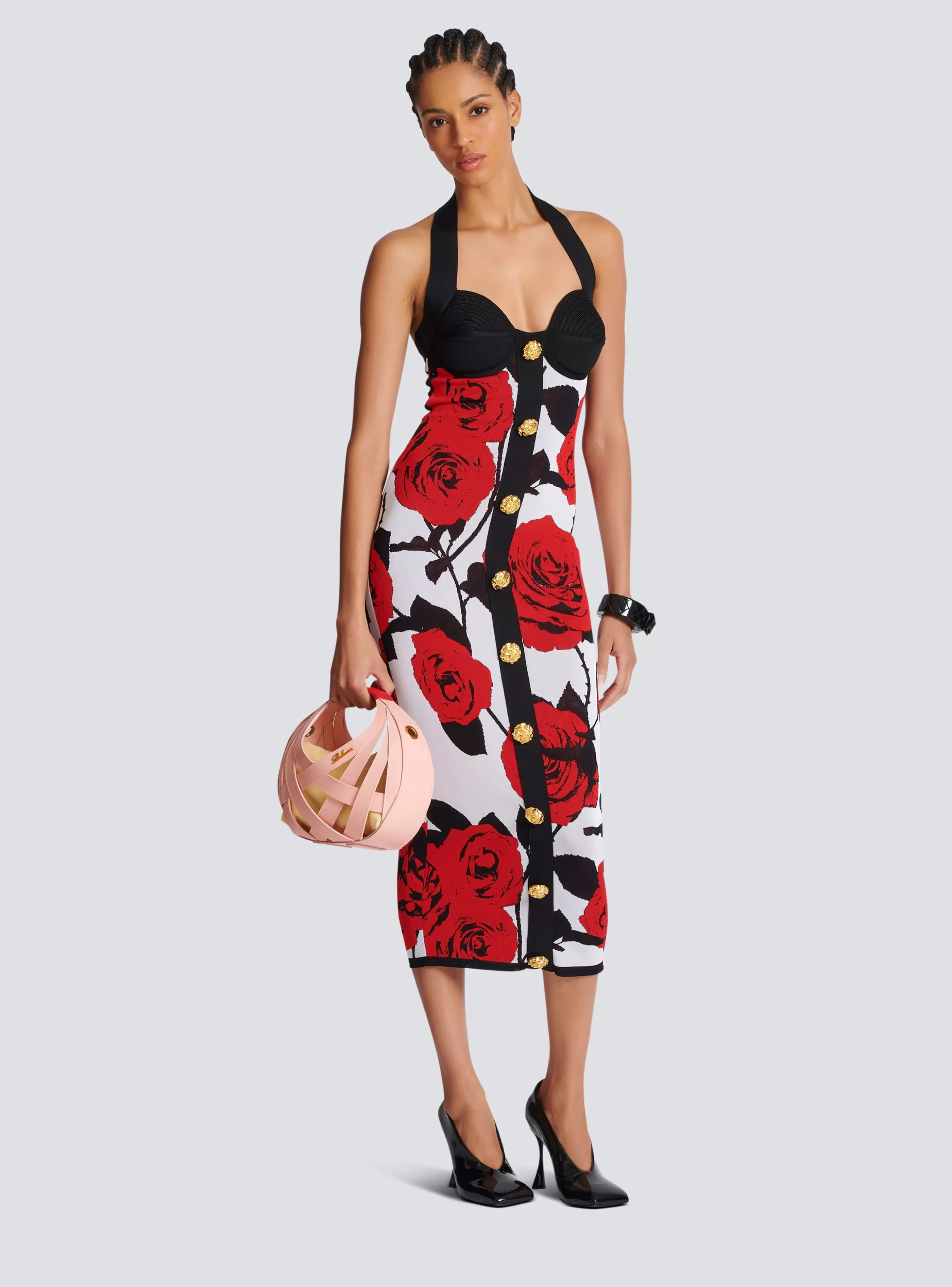 Balmain Abiti | Maglieria-Halterneck Dress In Roses Jacquard Knit red