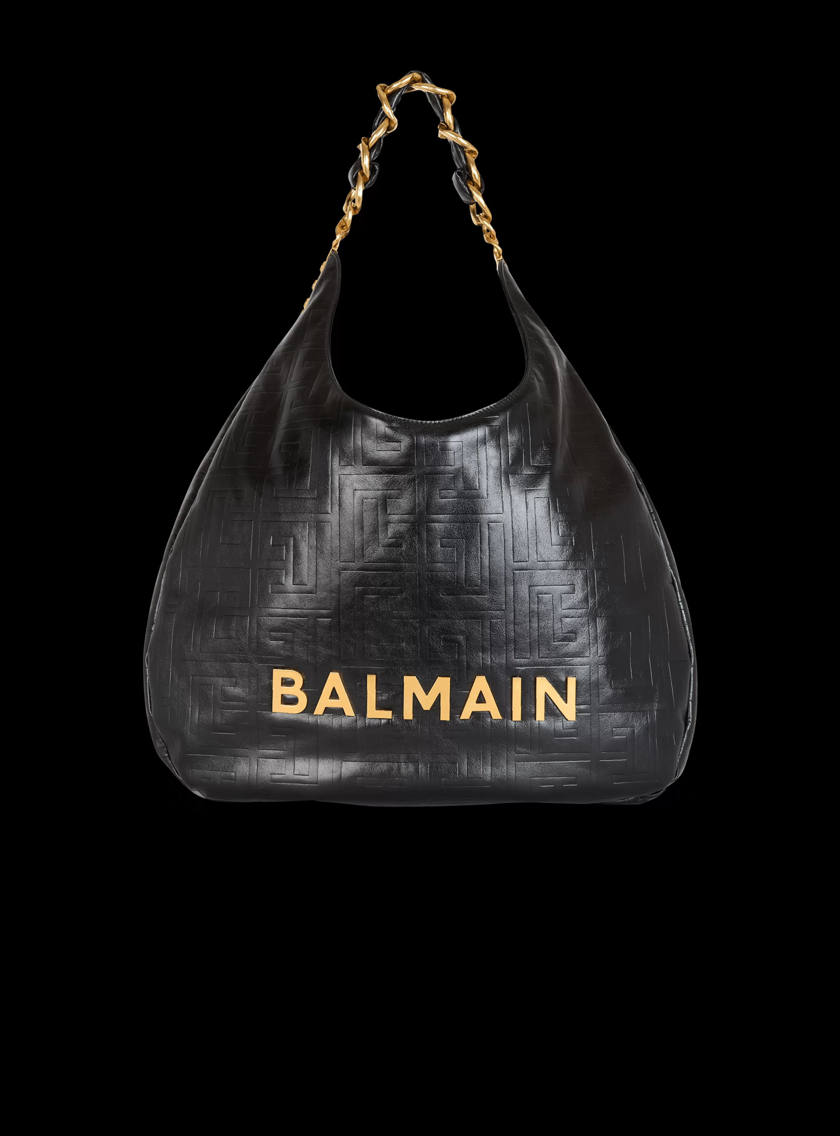 Balmain Borse A Spalla | Borse 1945-Large 1945 Soft Hobo Bag In Embossed Crinkled Calfskin With A PB Labyrinth Monogram black