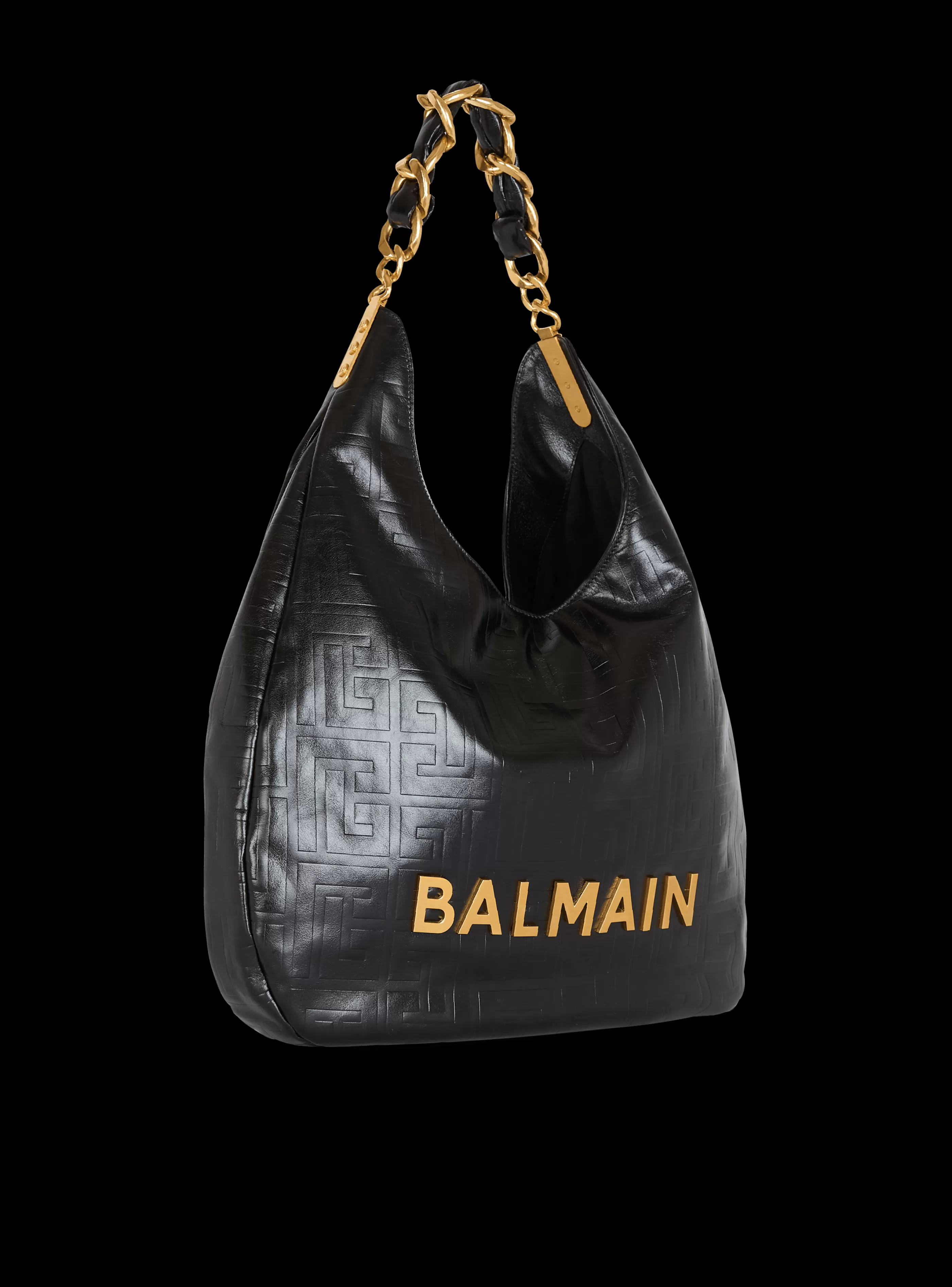 Balmain Borse A Spalla | Borse 1945-Large 1945 Soft Hobo Bag In Embossed Crinkled Calfskin With A PB Labyrinth Monogram black