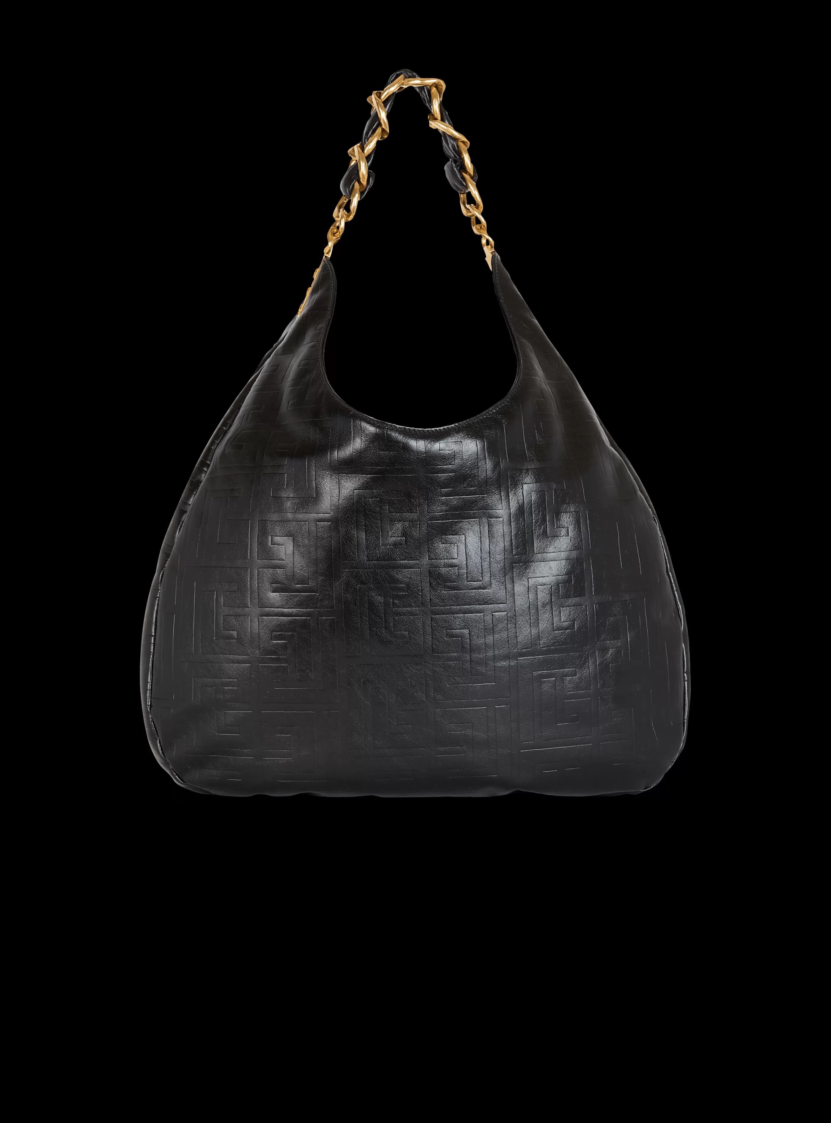 Balmain Borse A Spalla | Borse 1945-Large 1945 Soft Hobo Bag In Embossed Crinkled Calfskin With A PB Labyrinth Monogram black